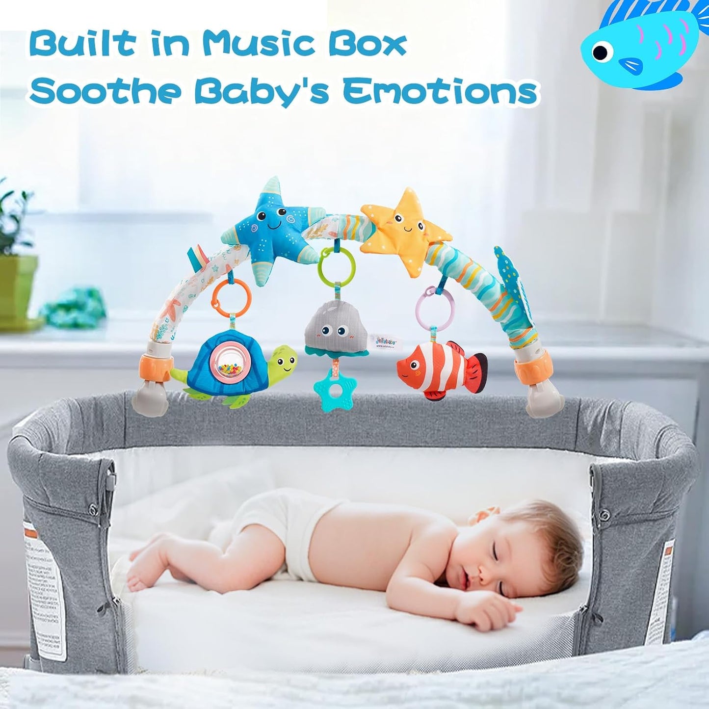 Jollybaby Musical Bassinet Stroller Crib Mobile Toy for Baby 0-6-12 Months, Infant Clip On Arch Hanging Toy with Music, Montessori Sensory Nursery Mobiles Attachment Toy for Newborn Gift - Starfish