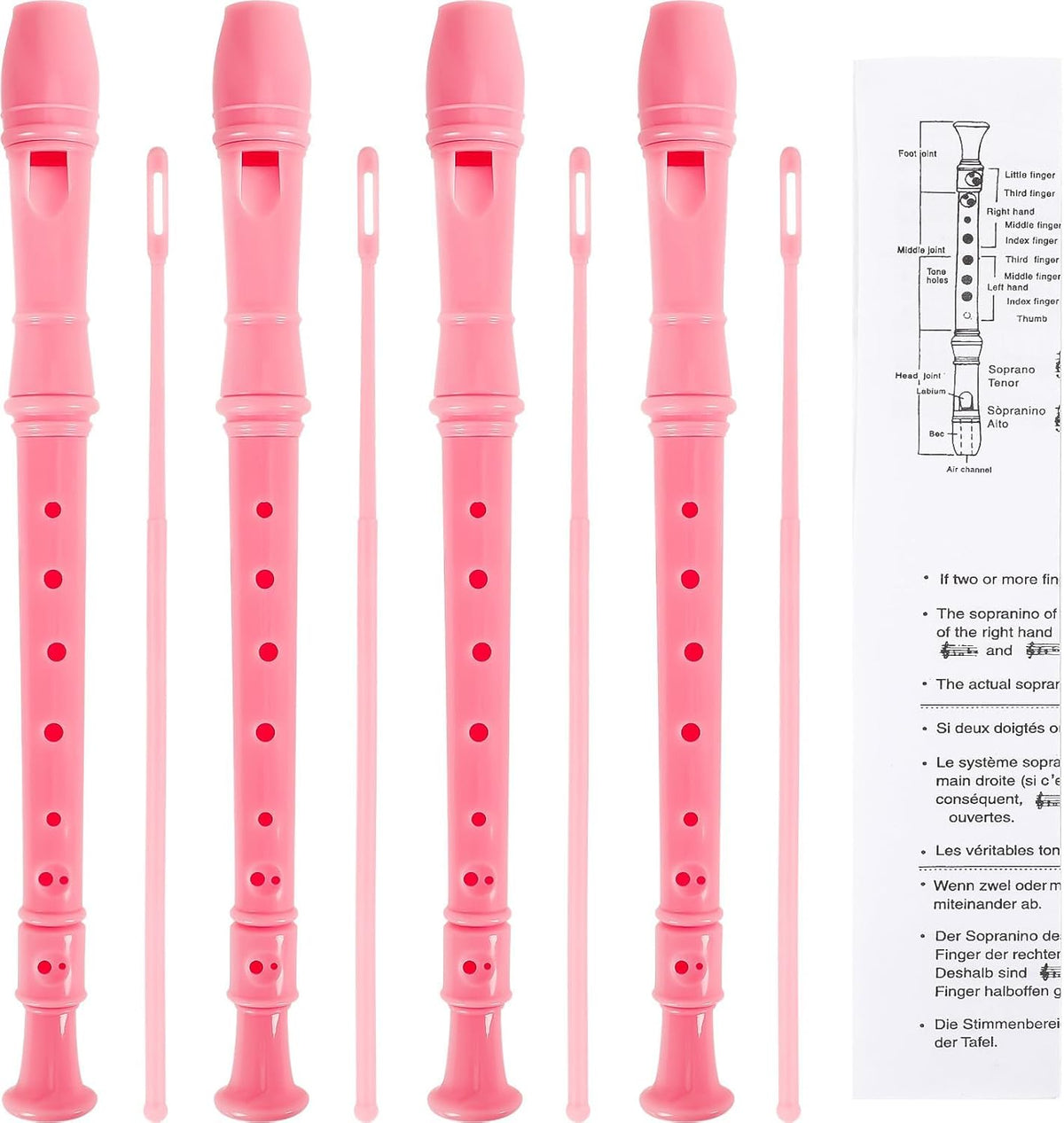 SANNIX 4 Pack Recorder Instrument, 8 Hole German Style Soprano Recorder for Beginner, Recorder With Cleaning Rod, Music Instrument (Pink)