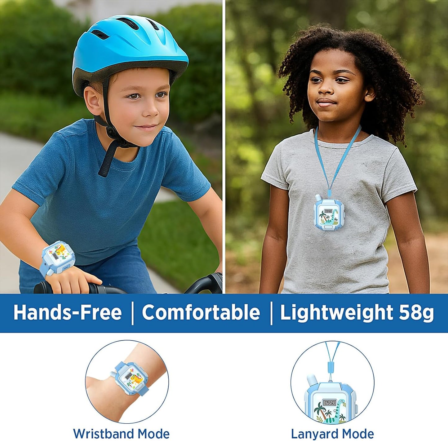 Kids Walkie Talkies Rechargeable 2 Pack, Wearable Wrist & Lanyard Watch with Flashlight, Fun Stickers, Toys Gifts for Boys Girls Age 3-12 for Outdoor Camping, Hiking, Birthday, Christmas (Blue)