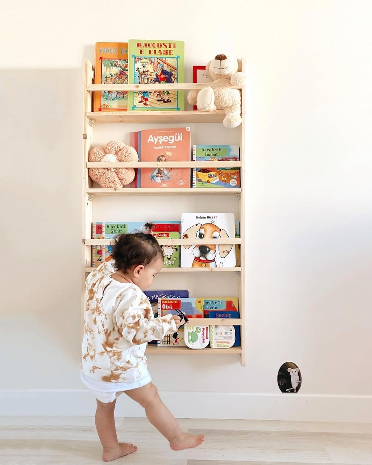Handmade Solidwood Wall Mounted Montessori Kids Bookshelf, Solid Pine 4 Tier Book Display for Children Bedroom, Nursery Furniture Bookcase, Wood Pine Organiser for Living Room (Gray)