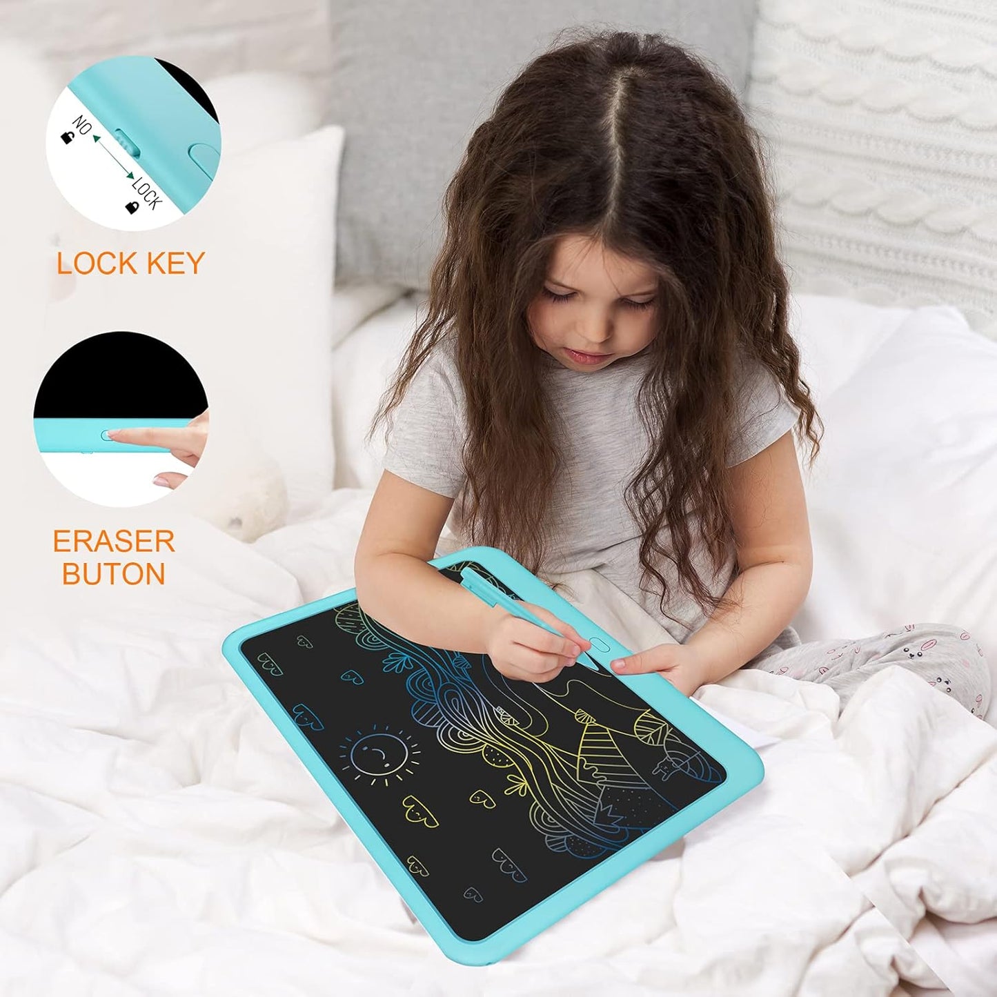 FLUESTON LCD Writing Tablet, Doodle Board Toys Gifts for 3-8 Year Old Girls Boys, 15 Inch Colorful Electronic Board Drawing Pad for Kids, Gifts for Toddler Educational Learning Travel Birthday, Blue