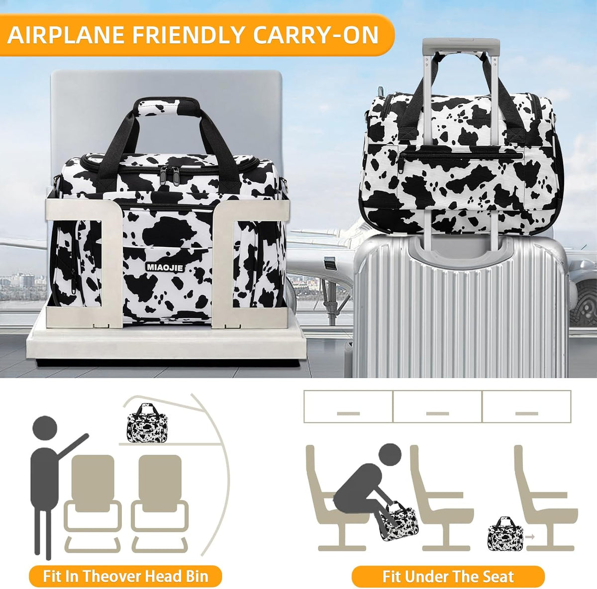 Underseat Carry On Luggage Lightweight Travel Tote Weekender Bag Overnight Duffle Bag for Travel, Travel Essentials Personal Item Travel Bag for Women and Men, Cow Pattern-16Inch