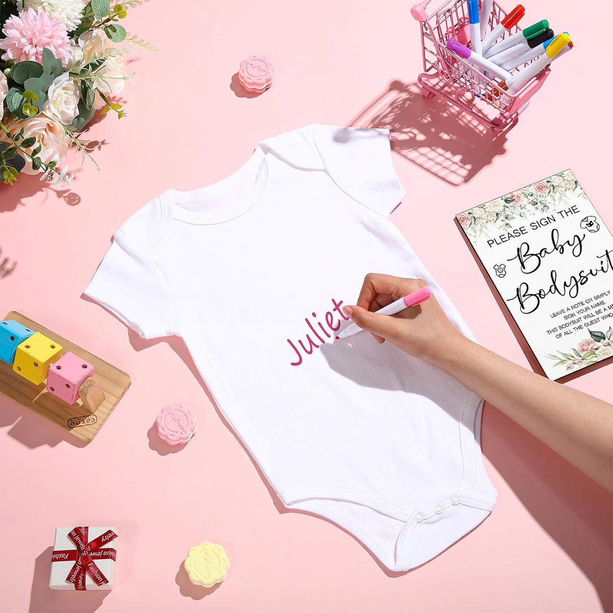 Qunclay 12 Pcs Baby Bodysuit Baby Shower Game Include 1 Game Wooden Sign Tabletop Decor 1 White Blank Newborn Bodysuit 10 Fabric Marker for Gender Reveal Party(Floral)