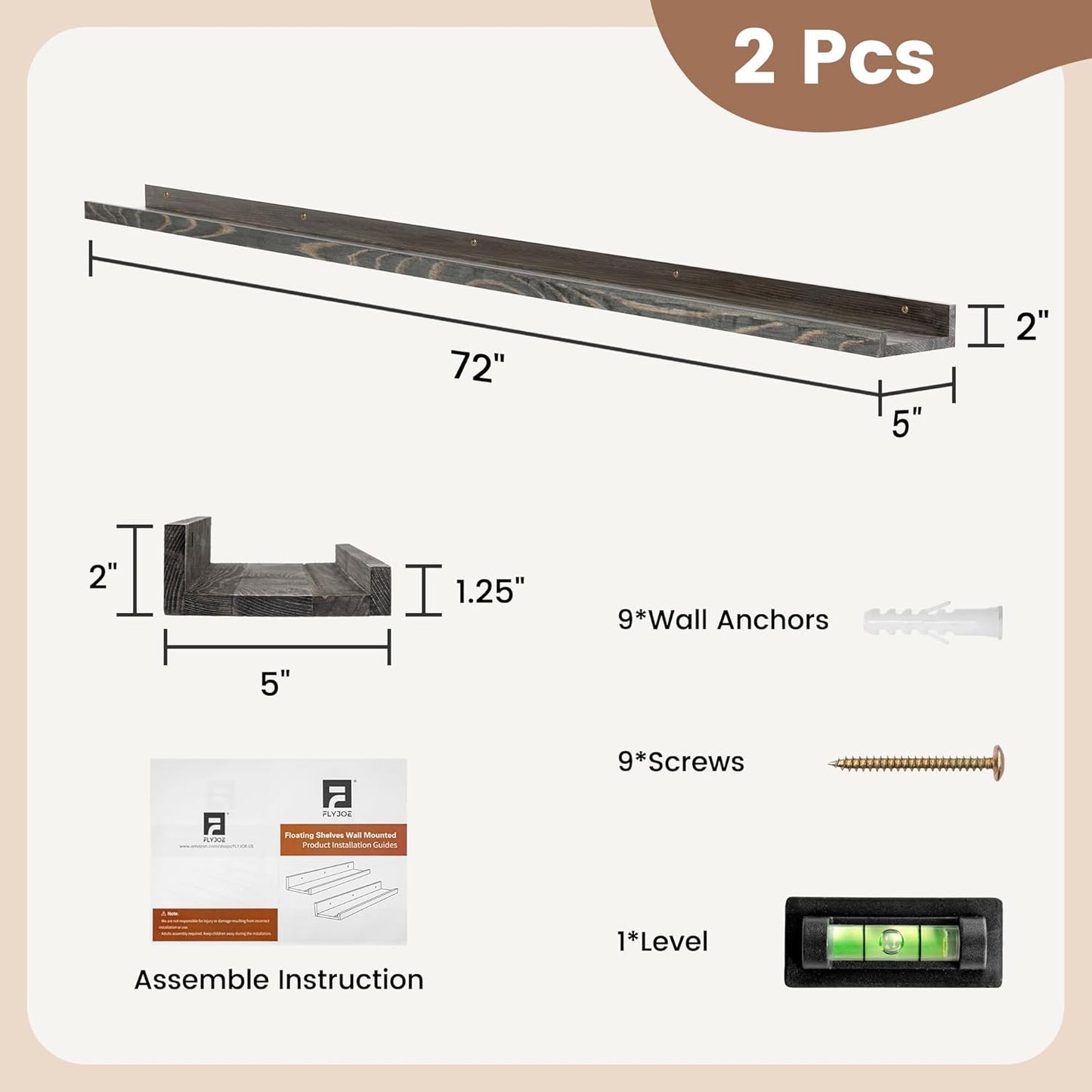 Picture Ledge Shelf, Floating Shelves Set of 2, Solid Pine Wood 72'' Long Large Nursery Book Shelves for Toys Storage, Kids Bookshelf for Living Room Bedroom Decor Books Photo Frames, Grey