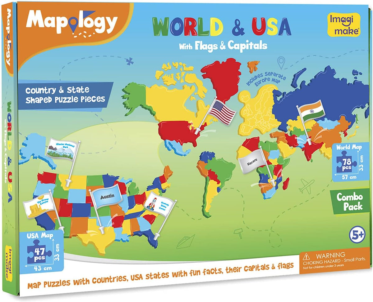 Imagimake Mapology USA & World Map Puzzle with Flags, Capitals, Stickers | Educational Toys for Ages 5-7 | Jigsaw Puzzles for Kids Ages 8-10 | Geography Toys for Ages 8-13 | 6 Year Old Boy/Girl Gifts