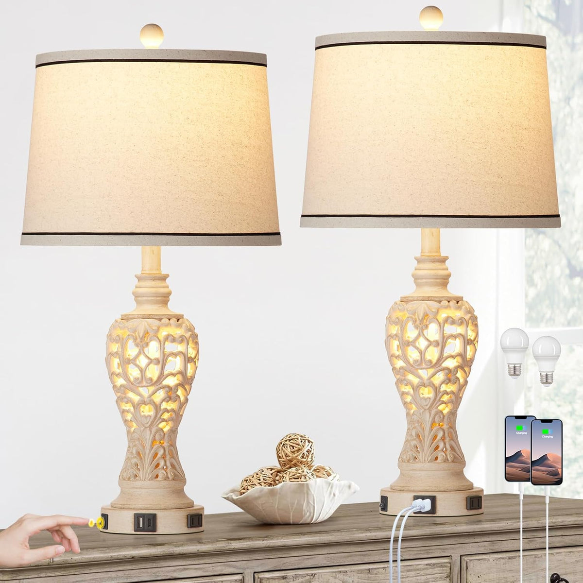Table Lamps Set of 2, Farmhouse Table Lamps with Nightlight, Rustic Bedside Lamps with Dual USB & AC Outlet, 25.2'' Beige Vintage Nightstand Lamps for Bedroom Living Room, Bulbs Included
