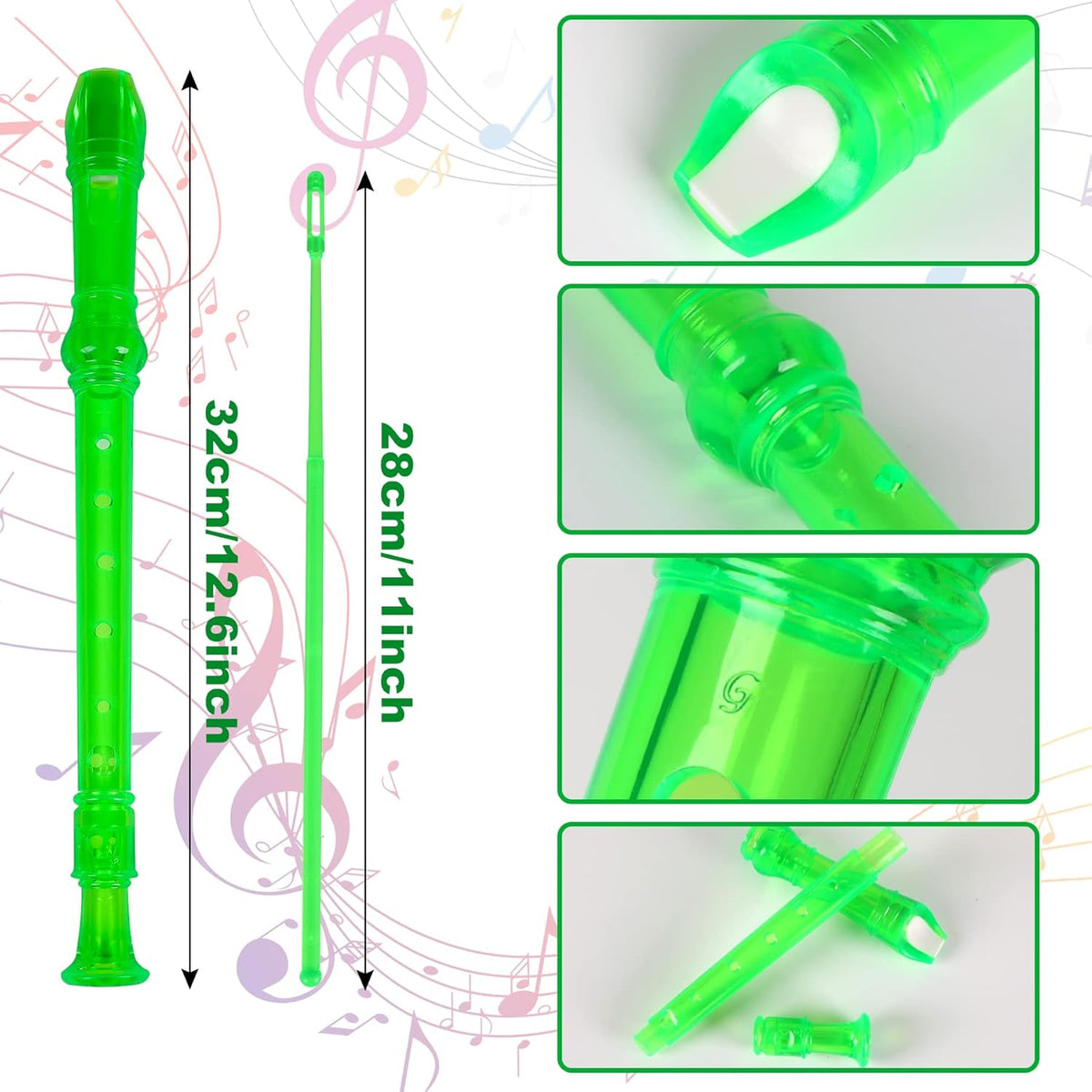 SANNIX 4 Pack 8 Hole Plastic Soprano Descant Recorder Instrument for Kids Beginner Eastar Recorder With Cleaning Rod, Instruction and Storage Bag, German Style (Clear Green)