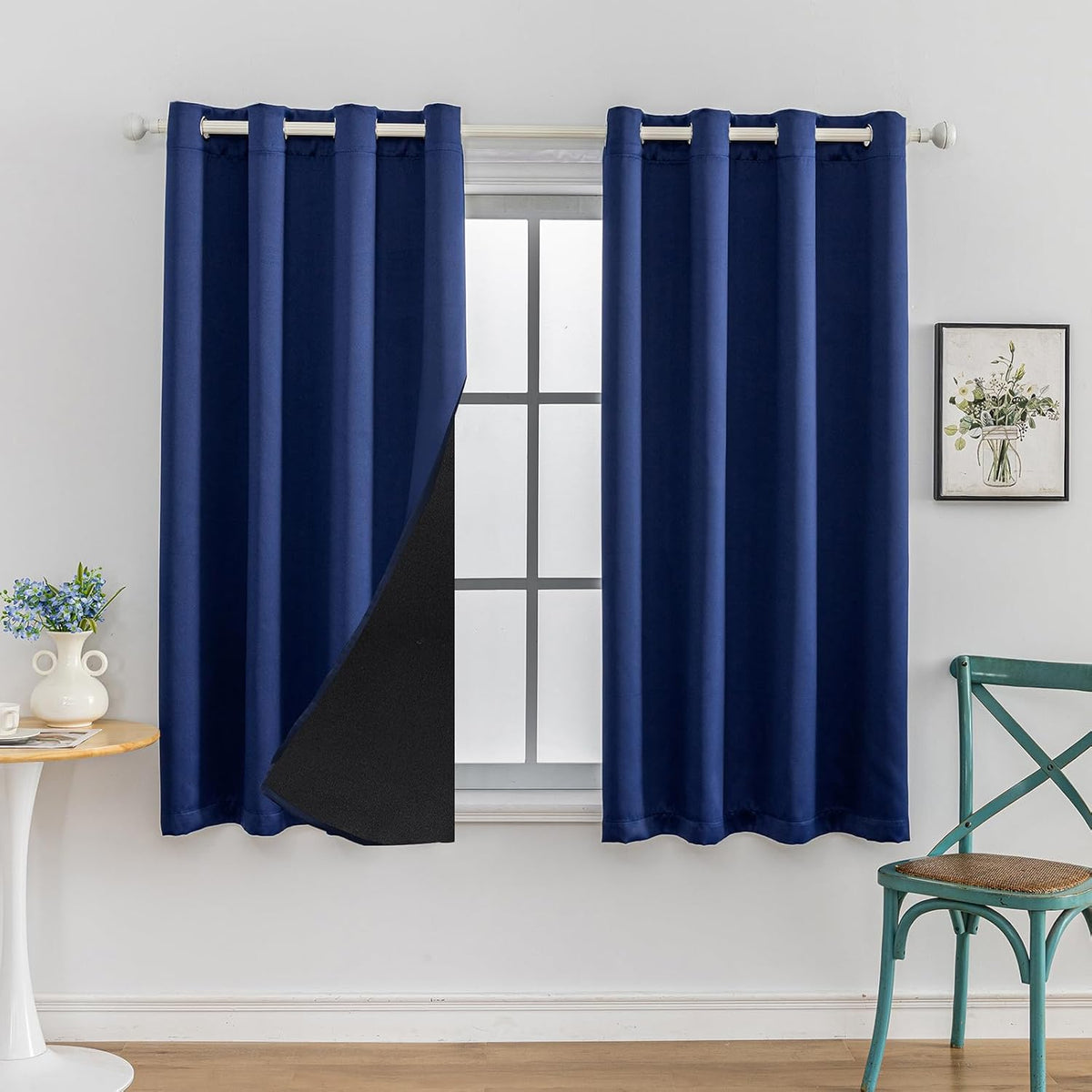 Anytime 100% Blackout Curtain Set, Thermal Insulated & Energy Efficiency Window Draperies for Guest Room, Full Shading Panels for Shift Worker and Light Sleepers（Navy Blue, 2 Panels, 52W x 45L）