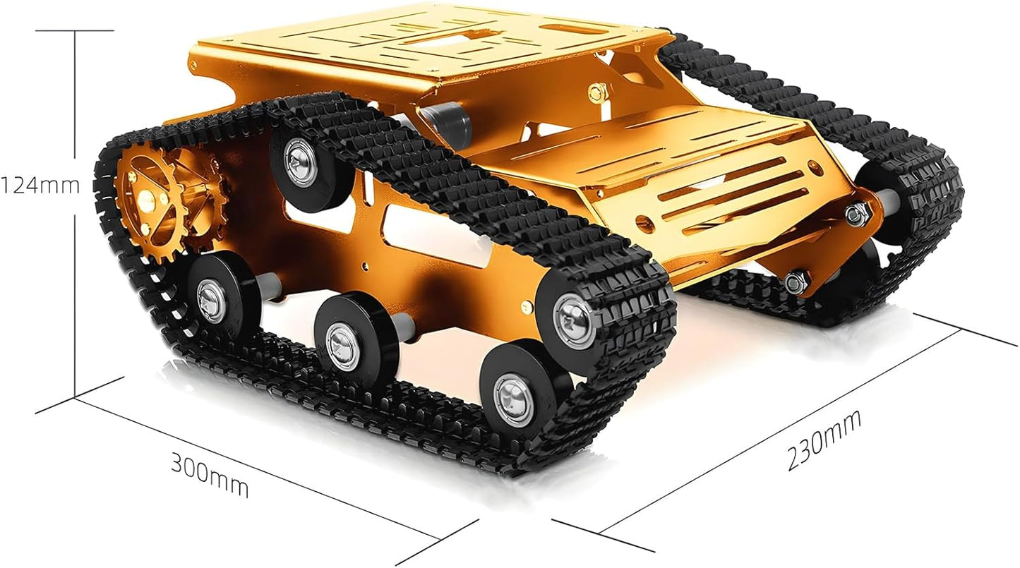 Tank Car Chassis with Motor, Shock Absorbing Robot Chassis Full-Metal Robotic Moving Platform Track Chassis for RaspberryPi Arduino DIY Maker Smart Robot Car Chassis Kit (Gold, with DC Motor)
