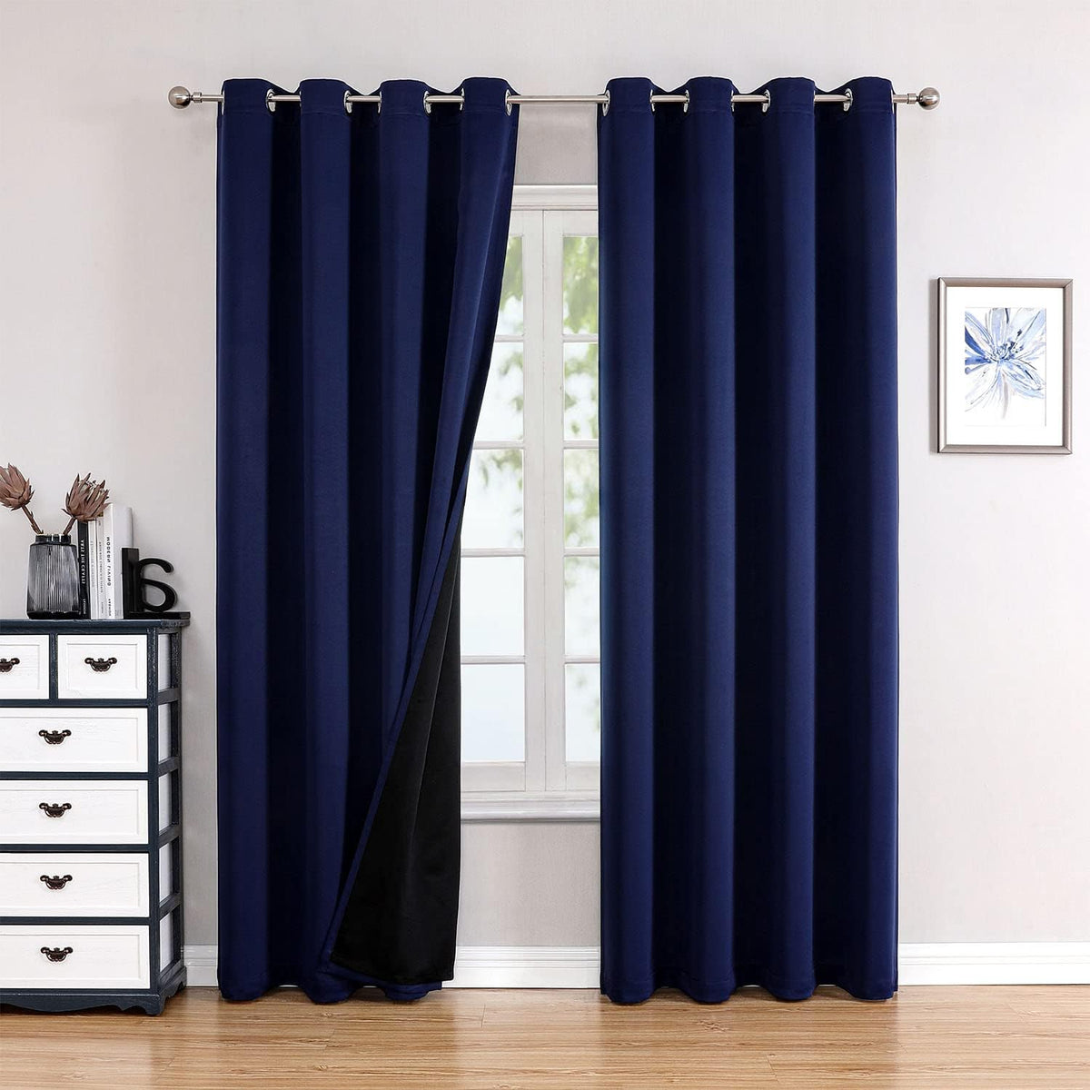 ChrisDowa 100% Blackout Curtains 80 inch Long for Bedroom with Black Liner, 2 Thick Layers Total Blackout Thermal Insulated Grommet Window Curtains 2 Panels Set (Navy Blue, 52 x 80 Inch)