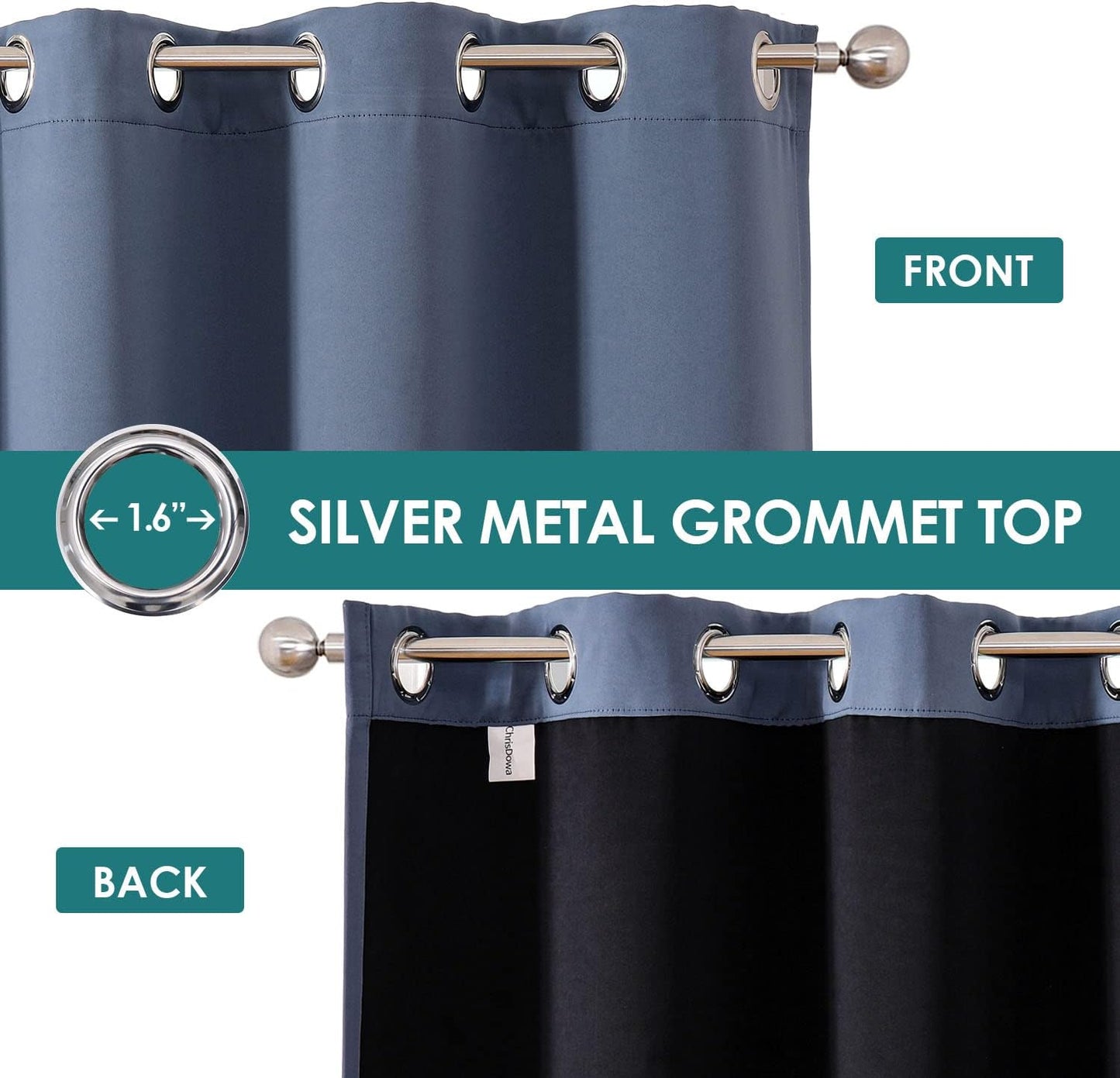 ChrisDowa 100% Blackout Curtains for Bedroom with Black Liner, 2 Thick Layers Total Blackout Thermal Insulated Grommet Window Curtains 2 Panels Set (Stone Blue, 52 x 72 Inch)