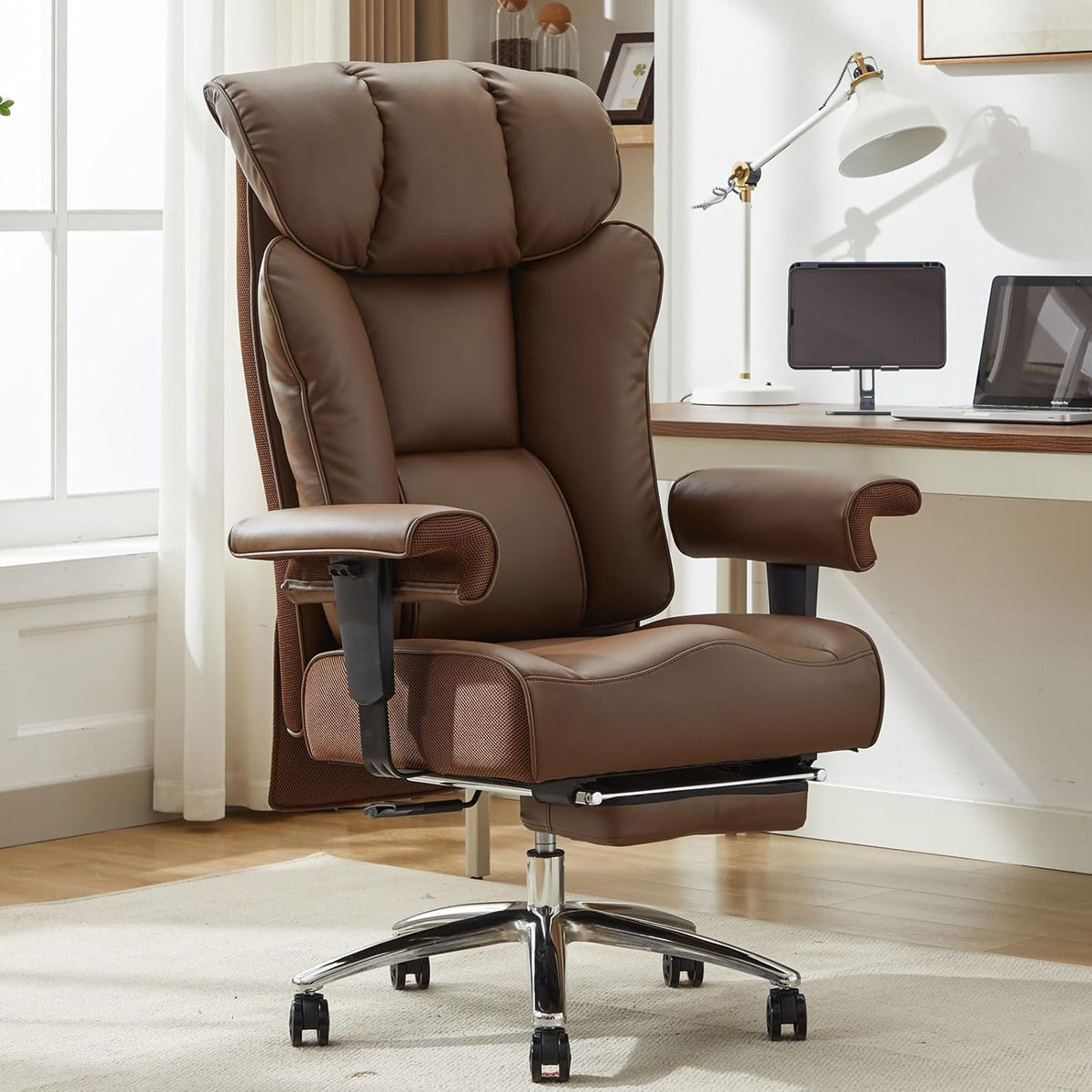 Big and Tall Ergonomic Office Chair 450LBS with Foot Rest, High Back PU Leather Executive Chair with Adjustable Padded Armrests, Lumbar Support for Home or Work, Heavy Duty Computer Chair, Brown