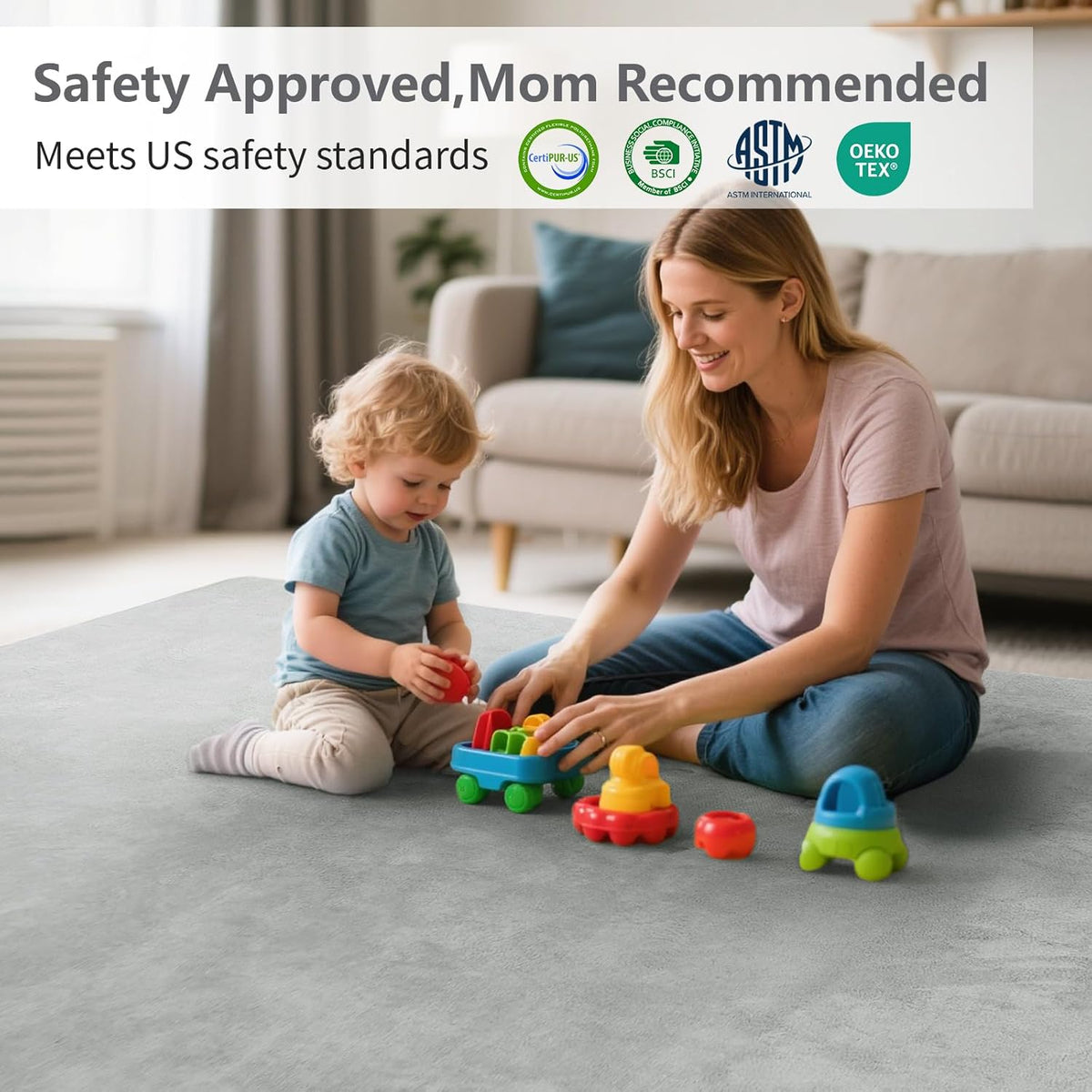 Baby Play Mat for Floor,1.3" Thick Elasti-Foam 50"×74" Playpen Mat for Tummy Time,Water Repellent Soft Coral Velvet for Toddler,Infant,Kids,Non-Slip Backing Safe for Crawling(Light Grey)