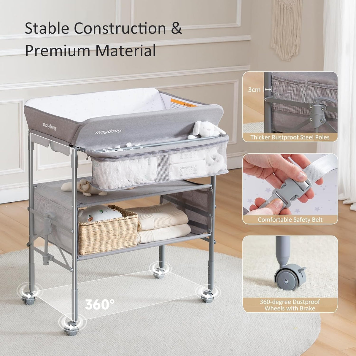 Baby Changing Table with Wheels, Maydolly Portable Foldable Changing Table, Waterproof Diaper Changing Station, Adjustable Height Changing Station, Mobile Nursery for Newborn and Infant (Grey)