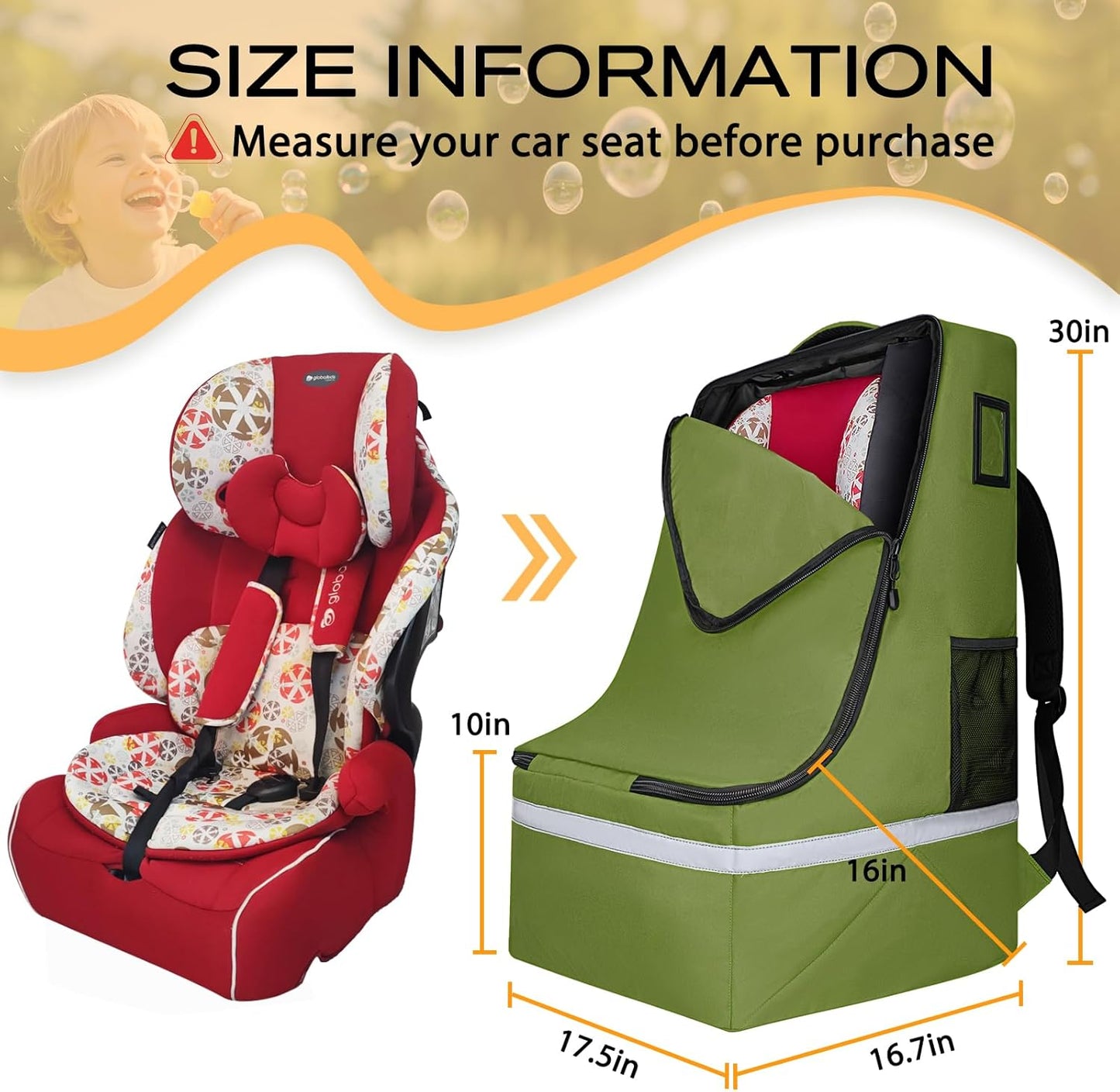 Car Seat Travel Bag for Airplane,Infant Seat Travel Bag with Shoulder Strap,Padded Car Seats Backpack with Reflective Stripes,Large Carseat Carrier Bag Travel Car Seat Cover,Green