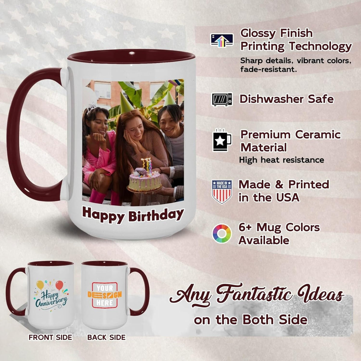 Ship Next Day Custom Mug Design Your Own Photo Text Personalized Picture Gifts for Women Men Customized Gifts Idea Personalized Coffee Mugs 15oz Dark Red Handle