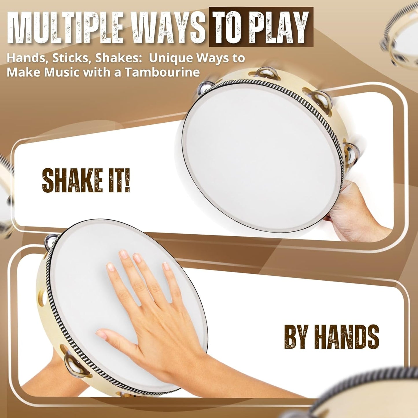 Flexzion Wood Handheld Tambourine 8" Inch Single Row 5 Pair Jingles (2 Pack, Wood) - Hand Held Percussion Drum Moon Musical Tambourine with Ergonomic Handle Grip