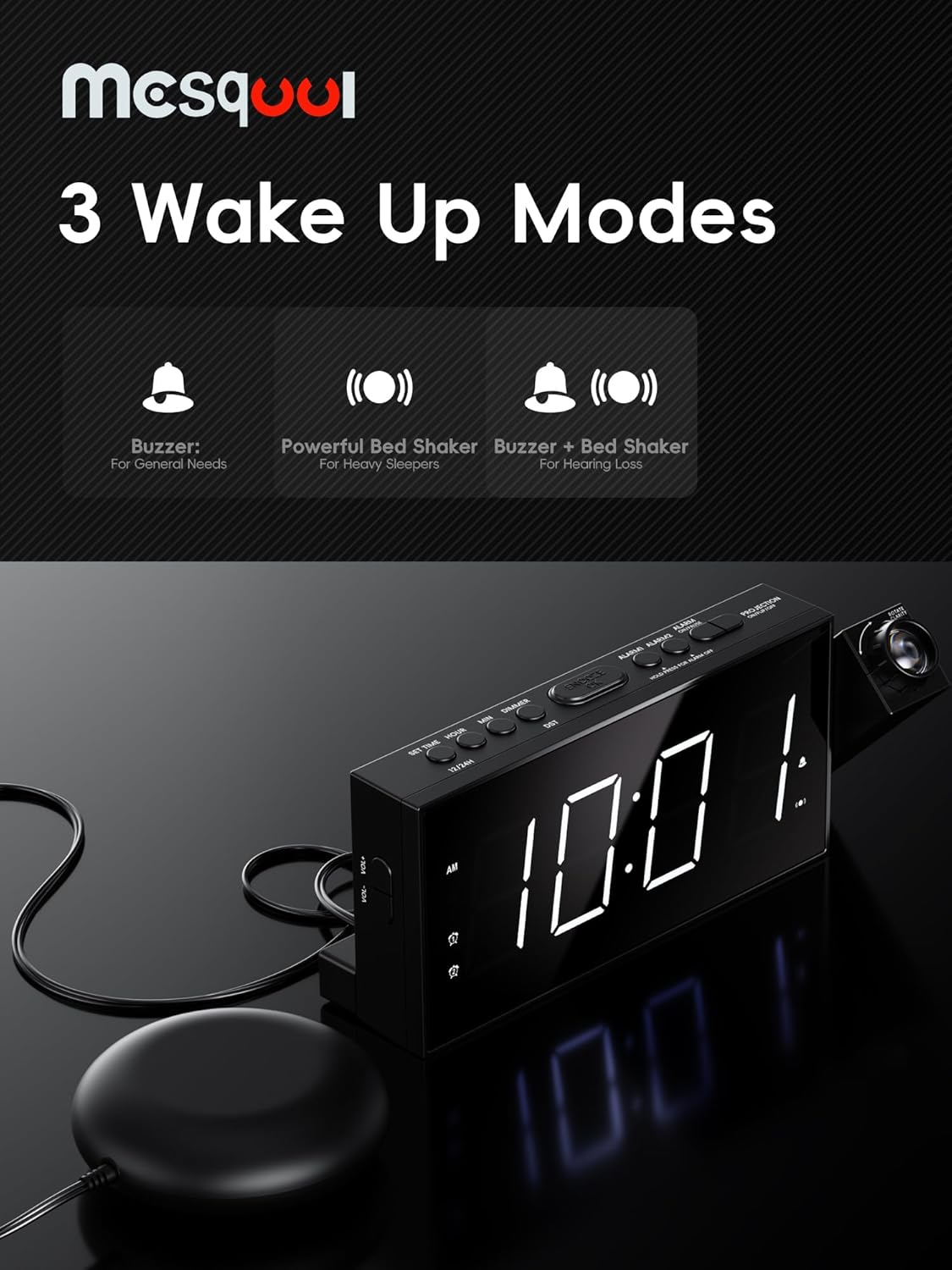 Projection Digital Alarm Clock with Bed Shaker for Bedroom, Extra Loud Alarm Clock for Heavy Sleeper, 180° Rotable Ceiling Projector Clock,2 Alarm,5 Dimmer Volume,USB Charger, Battery Backup,12/24H…