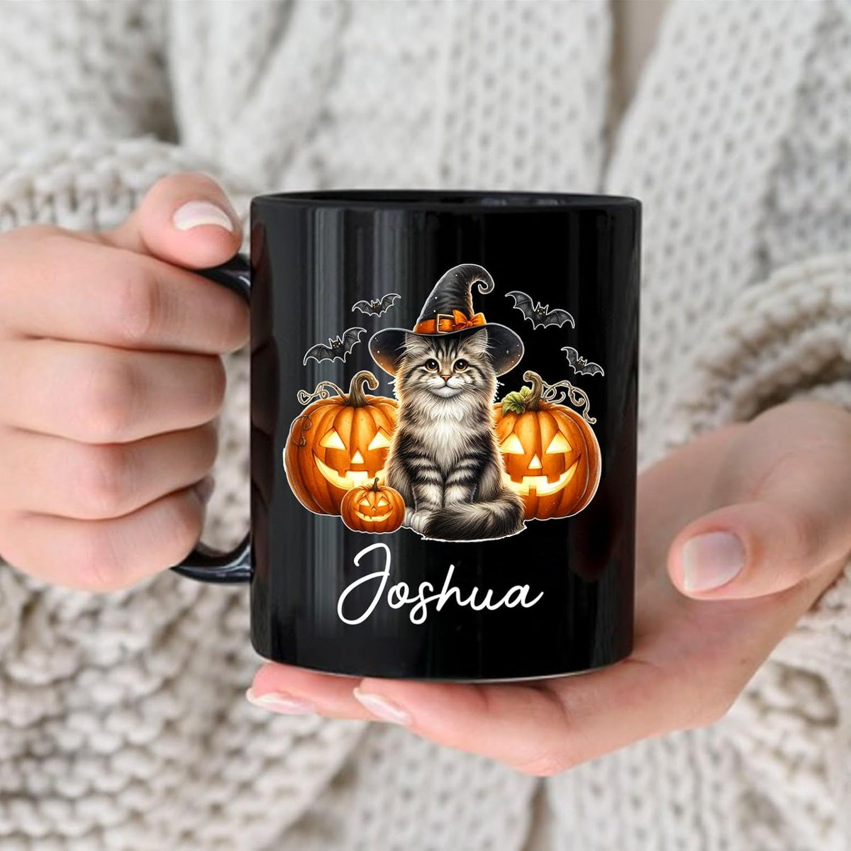 Customized Siberian Wearing Witch Hat Coffee Cup with Name, Personalized Siberian Cat Pumpkins Ceramic Mugs 11oz 15oz, Halloween Cat Cup Gift for Dad Mom Kid, Pet Owner Halloween Black Mug