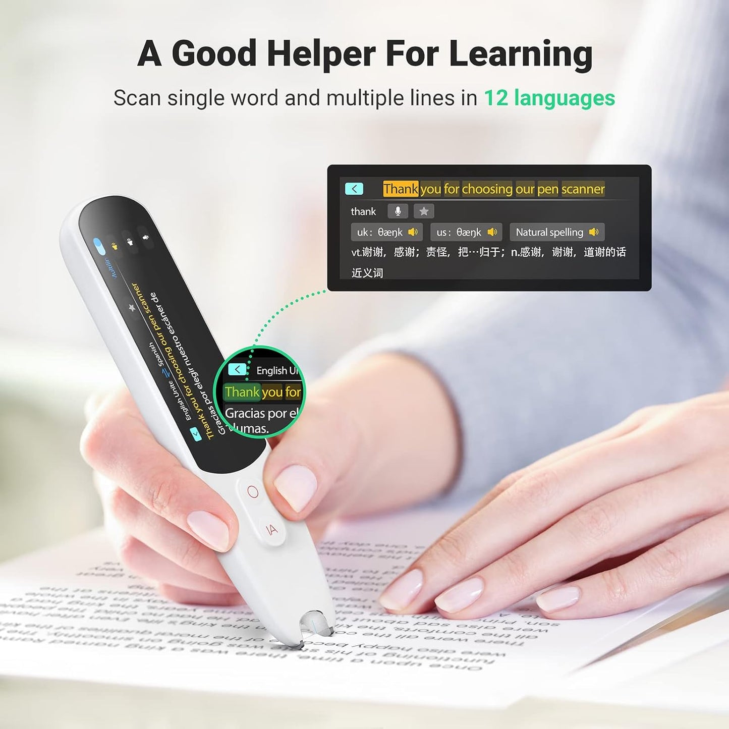 SVANTTO 102 Translator Pen Scanner, Text to Speech Device for Dyslexia, OCR Digital Highlighter Reader Pen, Exam Reading Pen, Bluetooth Langage Translator, No Monthly Fee（White）