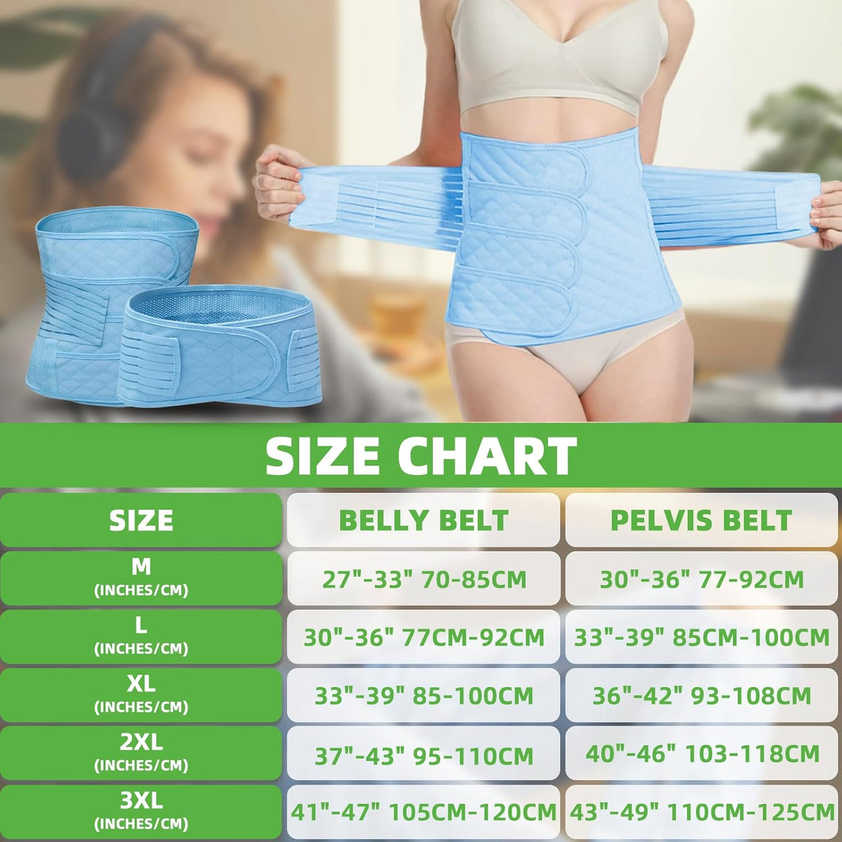2 in 1 Postpartum Belly Band Wrap Blue, C-Section Support Belt Medium, Post Partum Support Recovery Waist/Pelvis Belt, Hysterectomy Belly Band Binder Girdle Stomach
