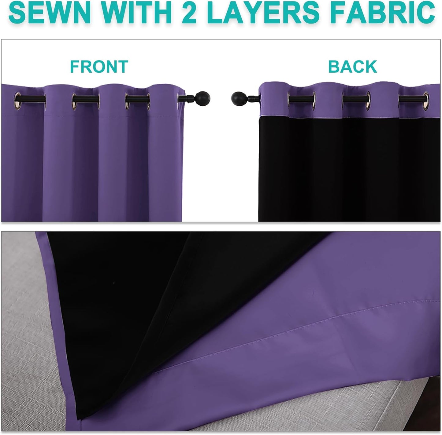 NICETOWN 100% Blackout Blinds, Set of 2, 46 inches x 45 inches, Laundry Room Decor Window Treatment Curtains for Large Patio Sliding Door, Thermal Insulated Lilac Purple Curtains for Bedroom