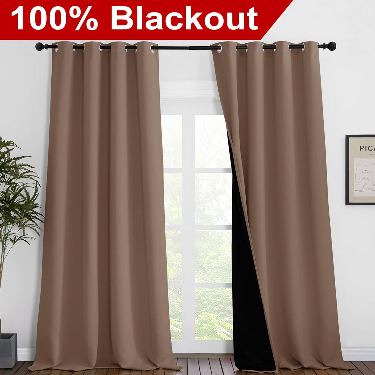 NICETOWN Extra Long Truly Blackout Drapes for Hall and Villa, 100% Blackout Window Curtain Panels with Black Lined for Night Shift Worker, 55-inch Width, 102-inch Length, Cappuccino, 2 Pieces