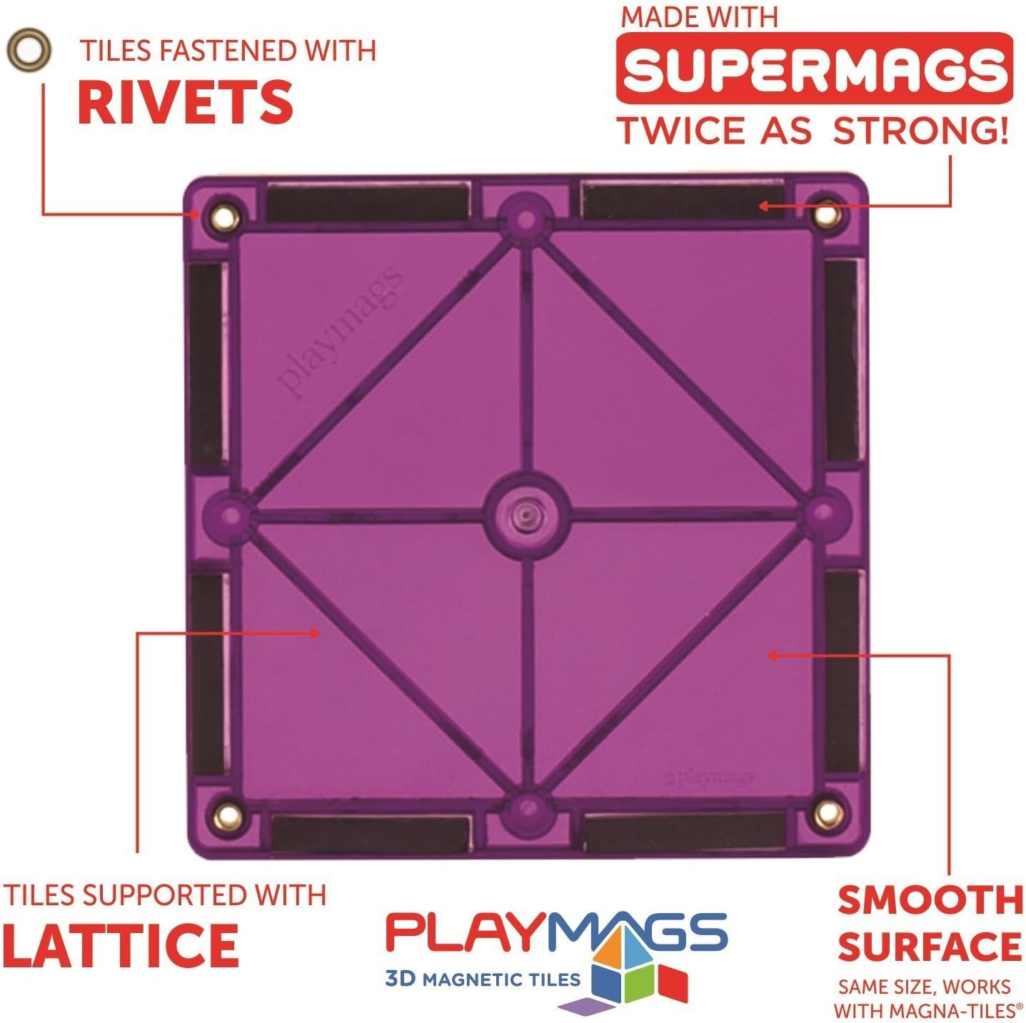 Playmags Magnetic Tiles, 30-Piece Magnet Squares Expansion Set, Construction Building Blocks, Starter Set for Kids Ages 3+