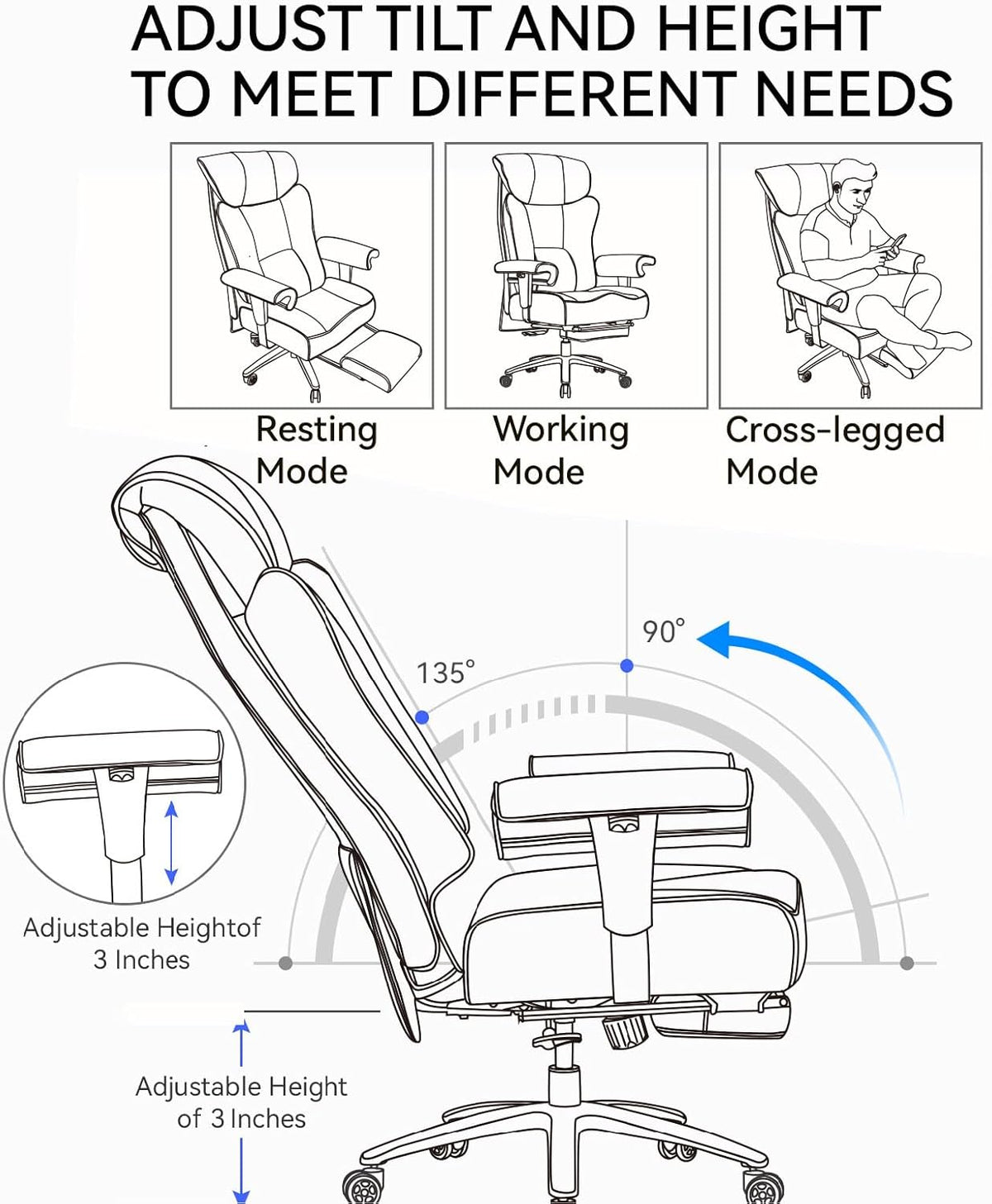 Big and Tall Ergonomic Office Chair 450LBS with Foot Rest, High Back PU Leather Executive Chair with Adjustable Padded Armrests, Lumbar Support for Home or Work, Heavy Duty Computer Chair, Brown