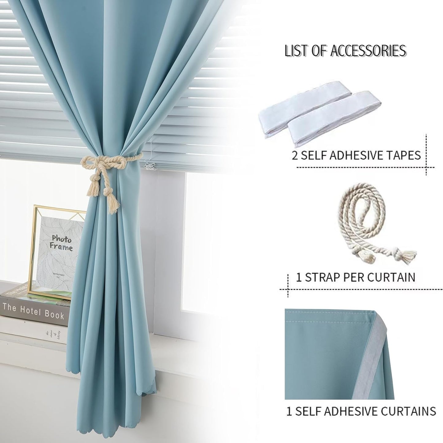 Self Adhesive Curtains, Black Out Shade for Window, Blackout Fabric Temporary Window Coverings Easy to Hang Curtains No Rod Needed, Use for Bedroom, Room, Kitchen, 59" W X 84" L, Lake Blue, 1 Panel