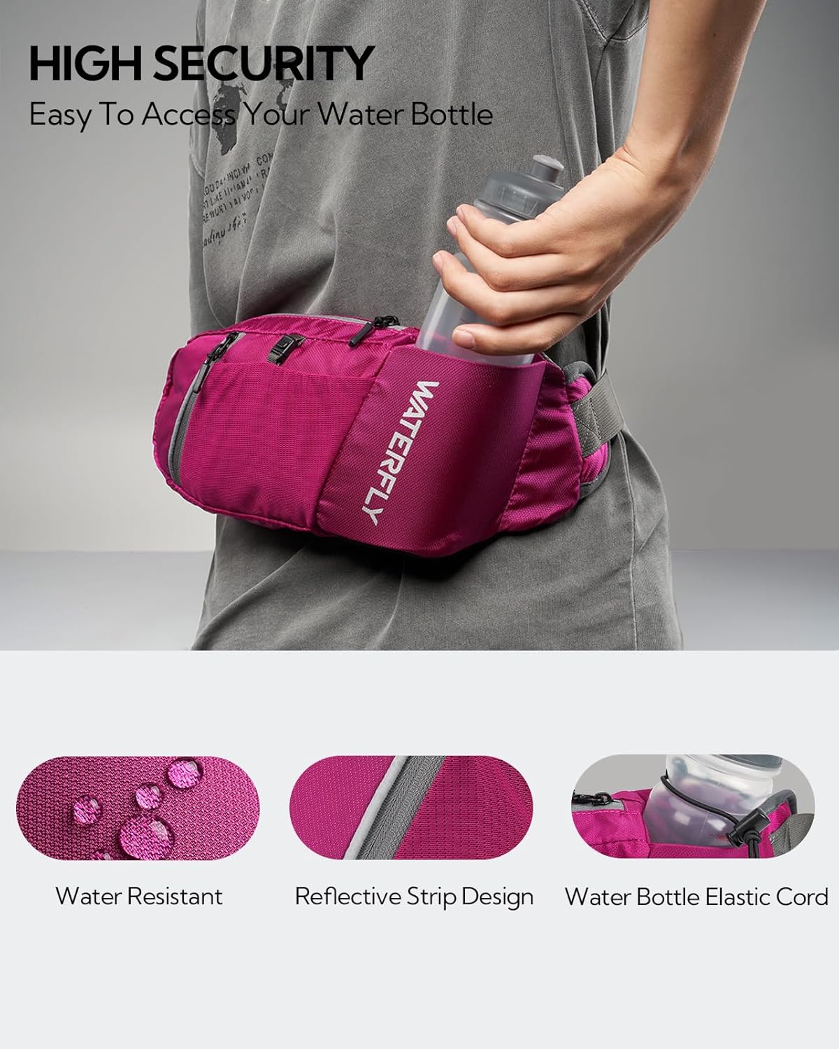 WATERFLY Fanny Pack Waist Bag: Hiking Water Bottle Holder with Strap Waist Pack for Women Men Hydration Hip Packs for Running Walking Traveling-Rose Red