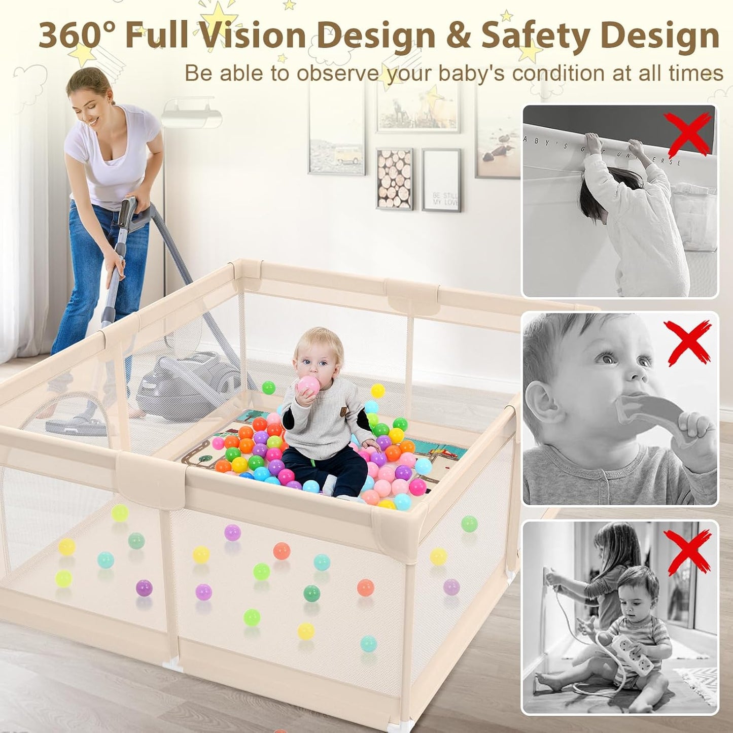 Playpen for Babies and Toddlers 50x50 inch - Baby Gate Playyard with Soft Breathable Mesh Cover - Indoor and Outdoor Baby Play Pen - Portable Playpen for Babies (Apricot)