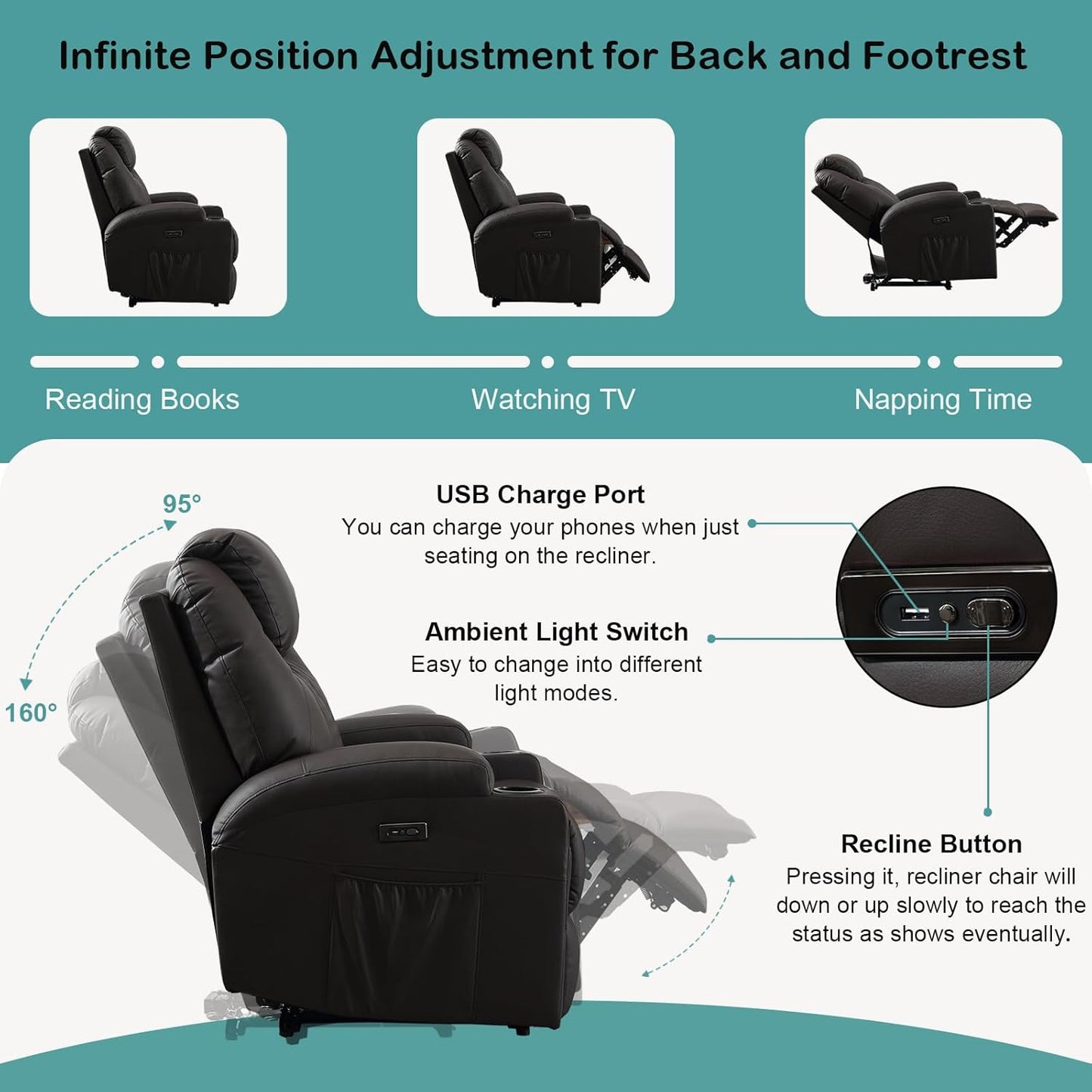 Power Recliner Chair with Heat and Massage for Adults - Home Theater Seating with LED Lights,Cup Holders,Side Pocket,USB Port - Recliner Sofa for Living Room(Brown, Set of 2)