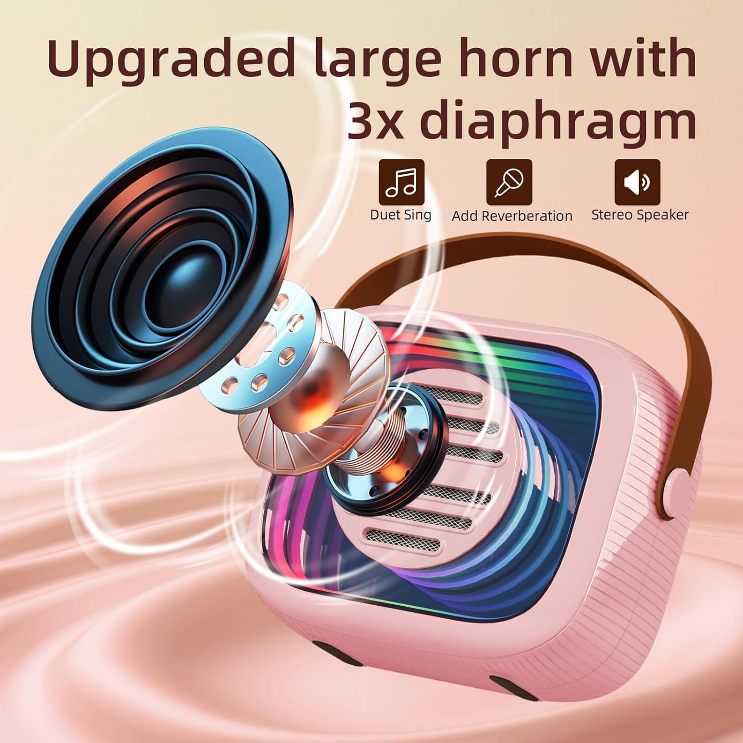 YF93 Mini Karaoke Machine for Kids with Bluetooth Speaker, 7 Voice-Changing Modes, Dual Microphones, Colorful LED Lights, TF Card Support, Portable Singing Gift for Children and Parties(Pink)