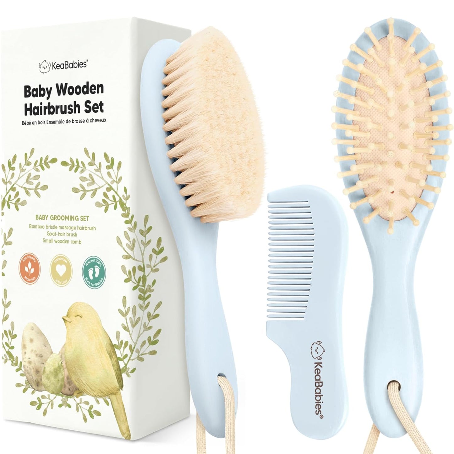 Baby Hair Brush and Comb Set for Newborn - Wooden Baby Hair Brush Set with Soft Goat Bristle, Baby Brush Set for Newborns, Baby Brush and Comb Set Girl, Boy, Toddler Cradle Cap Brush (Oval, Frost)
