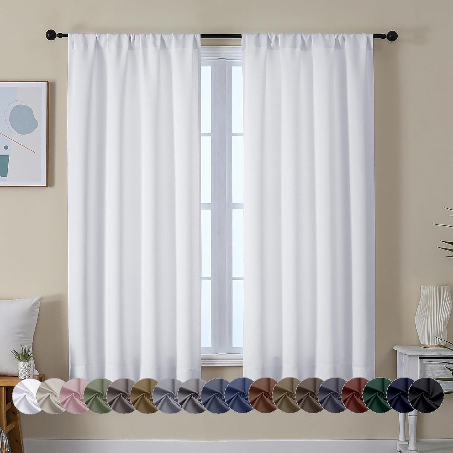 Simplebrand Ava Pure White Curtains for Bedroom 63 Inch Length 2 Panels Set, Light Filtering Window Treatment, Light Filtering Curtain Drapes, Soft Casual Rod Pocket Privacy Curtains, W40 x L63 Inch