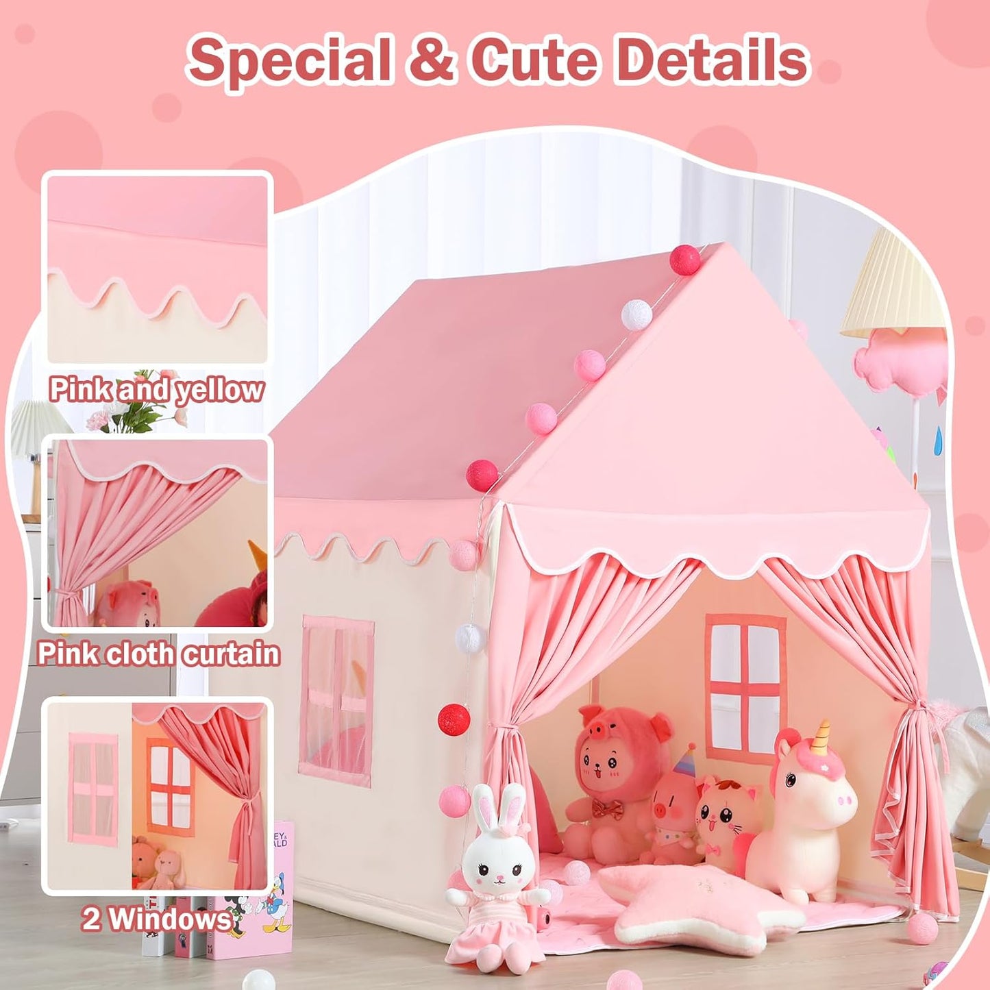 Wilwolfer Kid Tent with Mat, Star Lights - Kids Play Tents for Toddlers Kids Tents Indoor Playhouse - Princess Tent for Girls Toy House Gift (Pink with Cloth)
