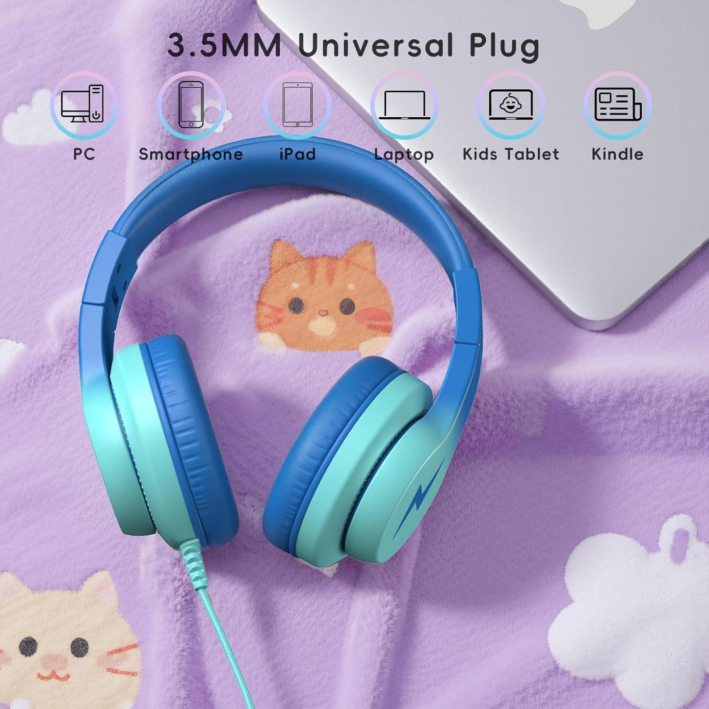 Kids Headphones, Wired Headphones for Kids with Microphone, 85/94dB Volume Limiter Headphone for Girls Boys, Foldable Headphone for Online Study, Gradient Blue