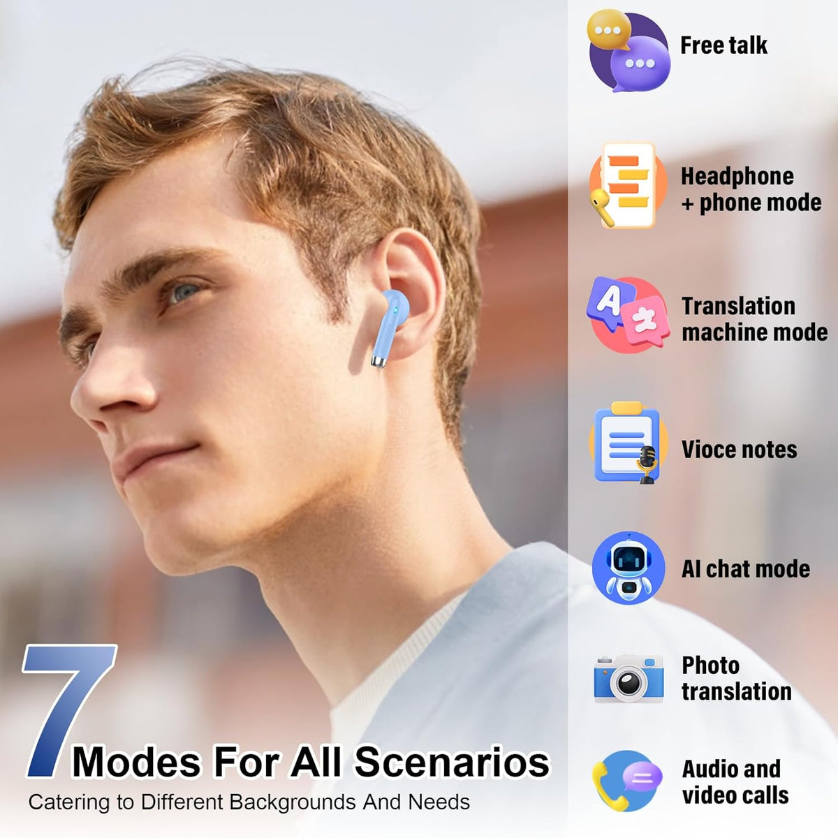 AI Translation Earbuds Real Time with Audio and Video Calls, 3-in-1 Language Translator Earbuds Support 164 Languages and 7 Translation Modes, 32H Buletooth 5.3 Headphones with Mic, Blue