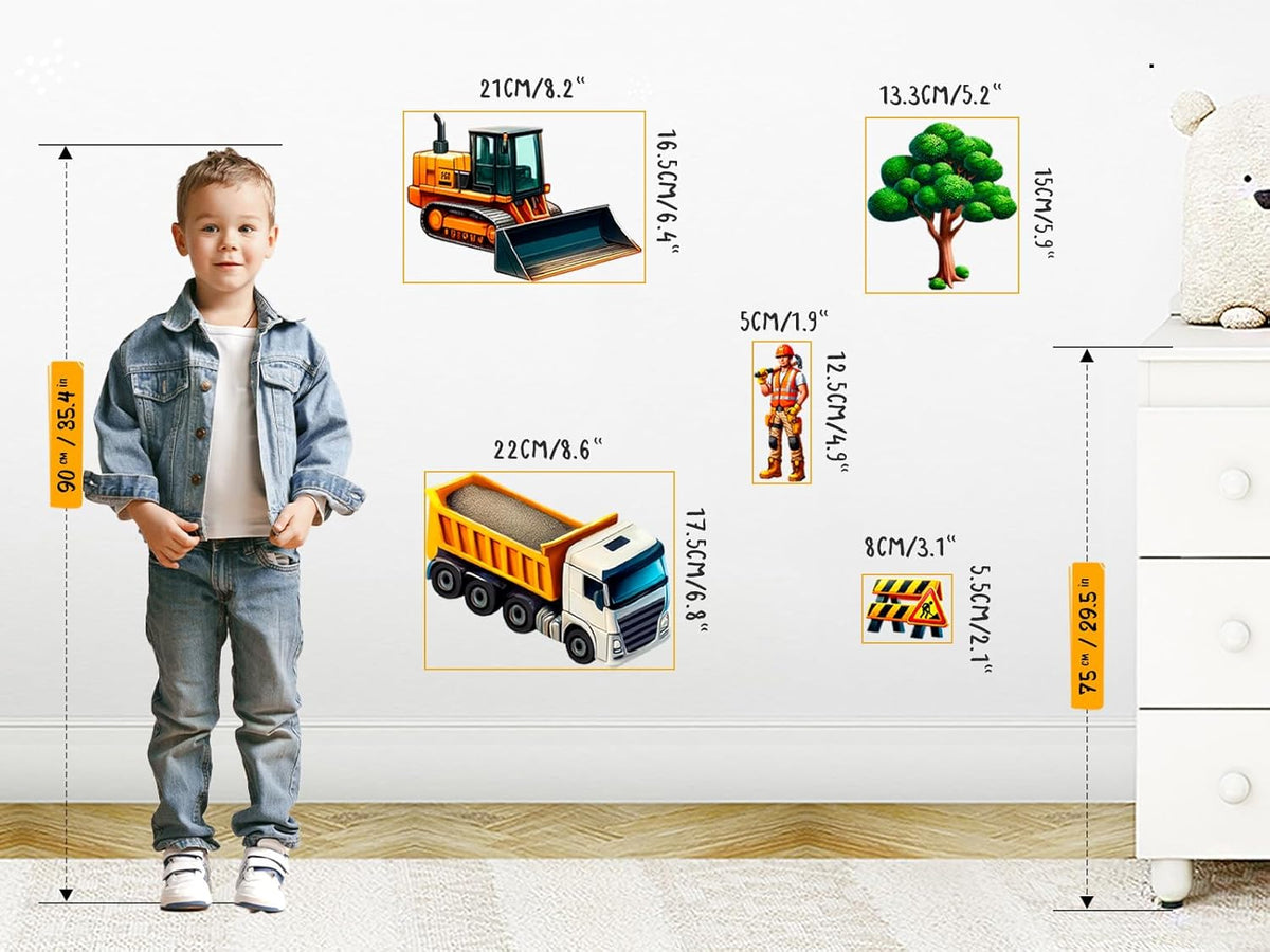 Construction Car Wall Decals for Boys by Lipastick - Road, Trucks, Tractors, Excavators Wall Stickers for Kids Bedroom, Nursery, Playroom - Peel and Stick Transport Themed Wall Decals - L Size