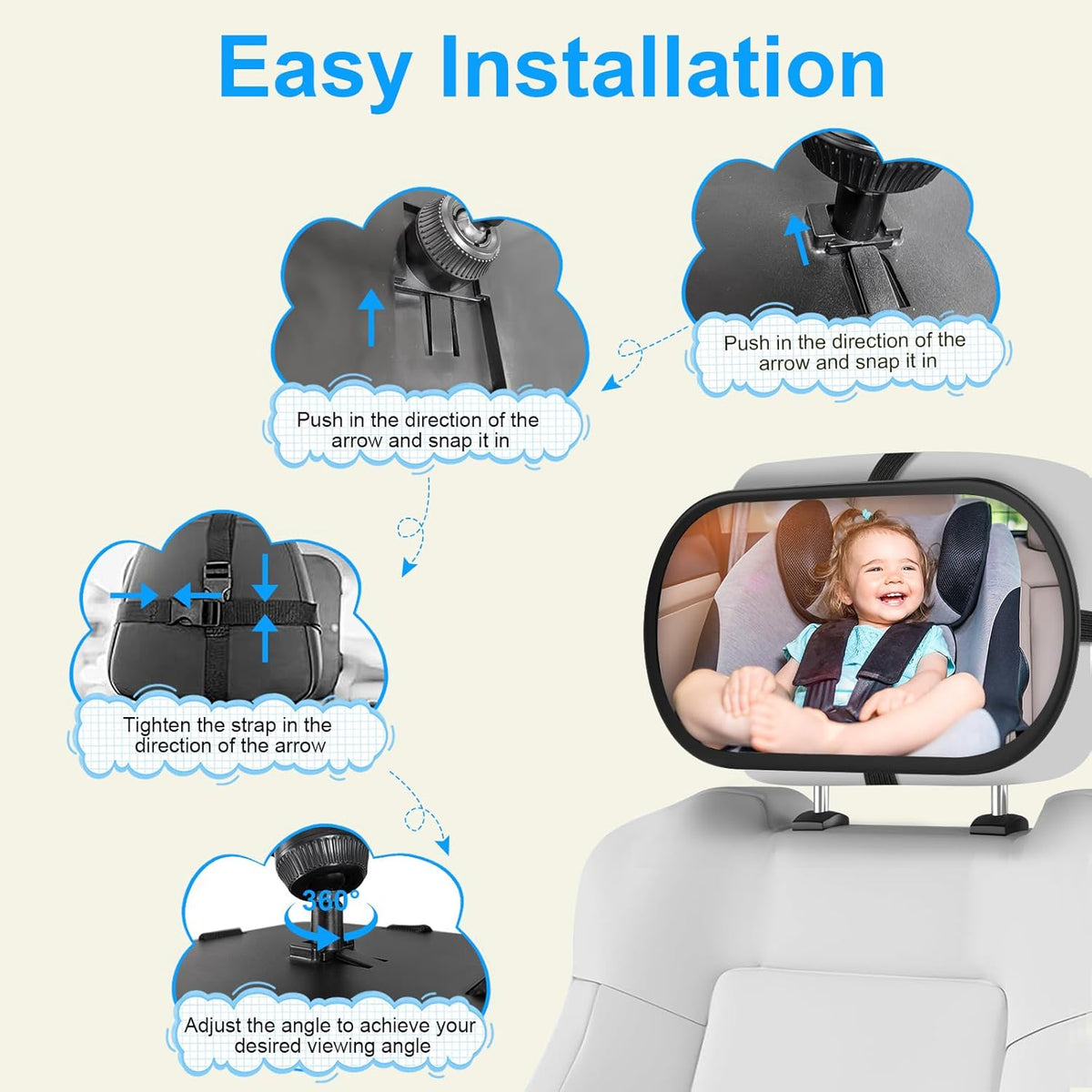 Baby Car Mirror, Safety Car Seat Mirror for Rear Facing Infant, Clear Wide View, 360°Rotation, Easily Observe the Baby Move, Secure, Shatterproof, Crash Tested and Certified (Black)