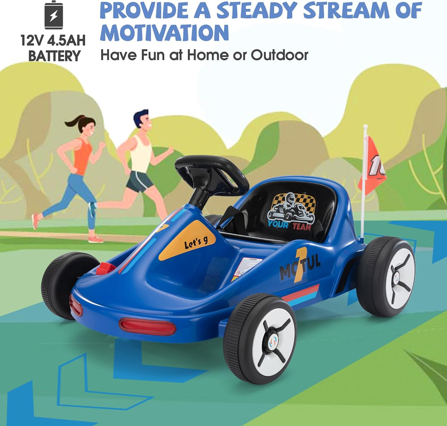 TOBBI 12V Electric Go Kart for Kids Battery Powered Ride on Car Outdoor Race Toy with Remote Control, Safety Belt, Music, LED Lights and Flags for Toddlers 3-8 Years, Blue