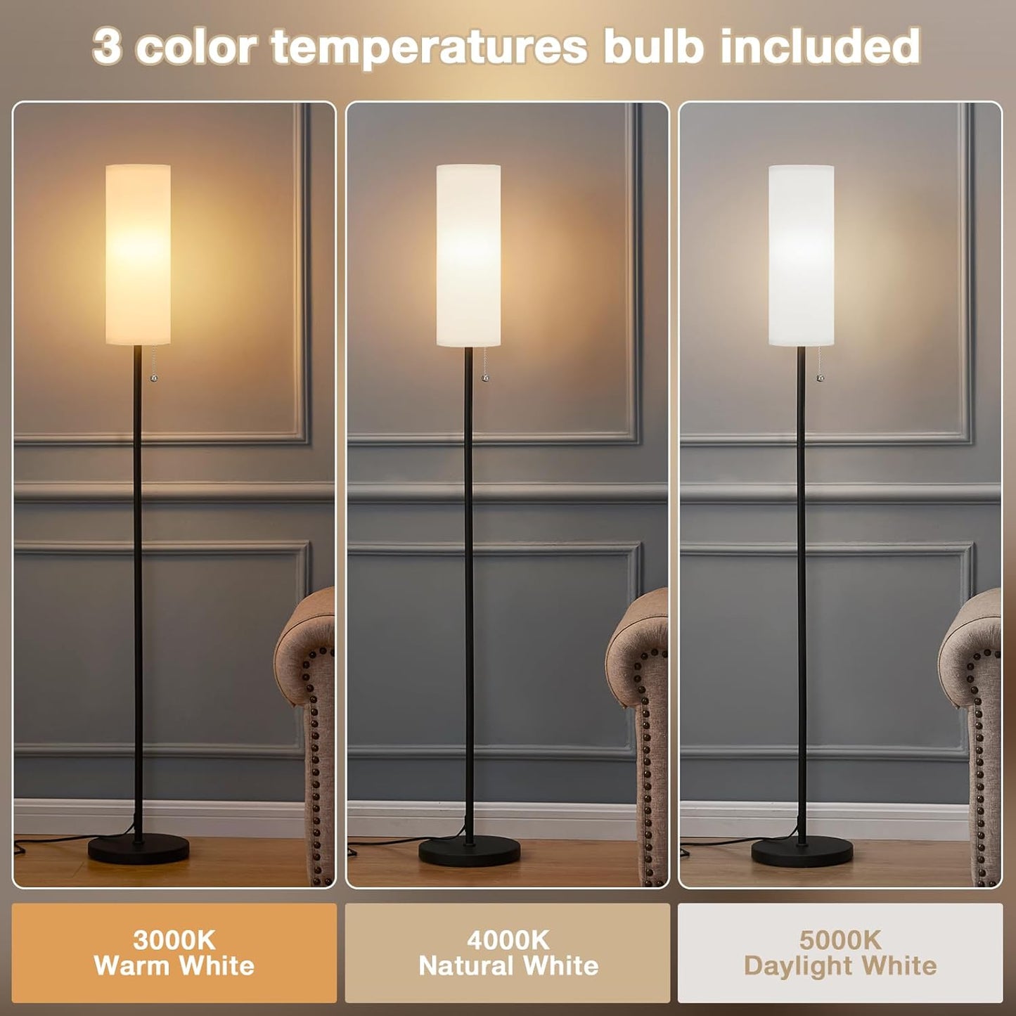 Ambimall Floor Lamp for Living Room with 3 Color Temperatures Bulb, 64" Standing lamp with Linen lampshade for Bedroom, Minimalist Pole Lamp, White Shade & Black Pole