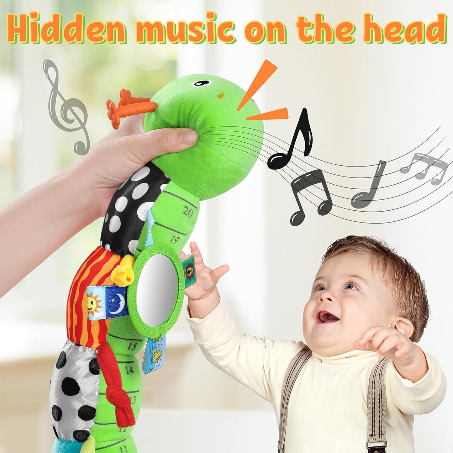 LIGHTDESIRE Baby Toys Musical Caterpillar,Infant Toys Stuffed Animals with Ruler Design,Mirror,Pull String&Ring Bell,Baby Teething Toy for Tummy Time Toy Newborn Boy Girl 3 6 12 Months(Grass Green)