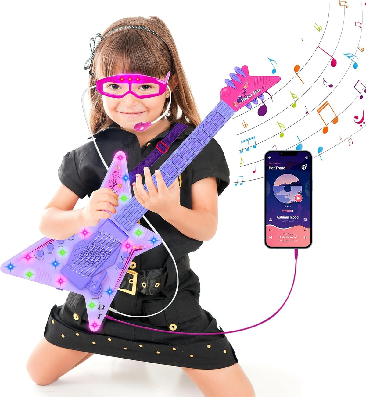 Guitar and Microphone Play Set for Girls,Kids Music Toys,Karaoke Machine with Music&Light,Music Instruments for Toddlers,Educational Toys Gift for Children