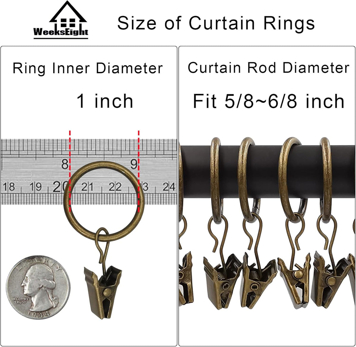 44 Pack Bronze Curtain Rings with Clips, Curtain Hooks Hangers Clip Rings for Hanging Drapes Bows Hat, Drapery Rings 1 in I D, Fits up to 5/8 in Diameter Curtain Rod.