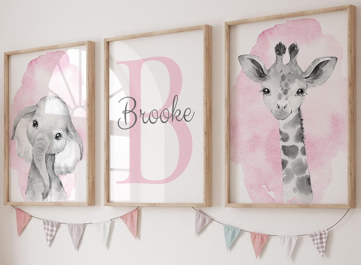 Safari Animals Set of 3 Unframed Poster Prints for Baby Girls Nursery Bedroom Playroom, Personalized Name, Choice of 12 Animals, Pink Purple (8x10)