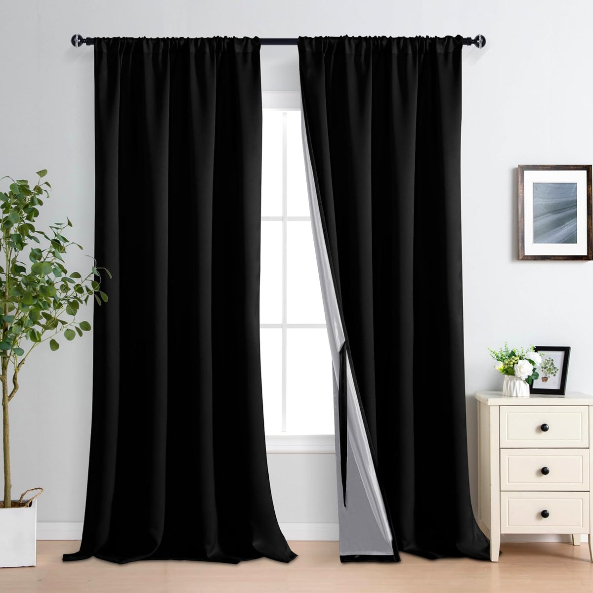 XWZO 100% Blackout Curtains - Extra Long Rod Pocket Thermal Insulated Black Liner Curtains, Noise Reducing and Heat Blocking Drapes for Bedroom with Tiebacks, Black, W52 x L108, Set of 2