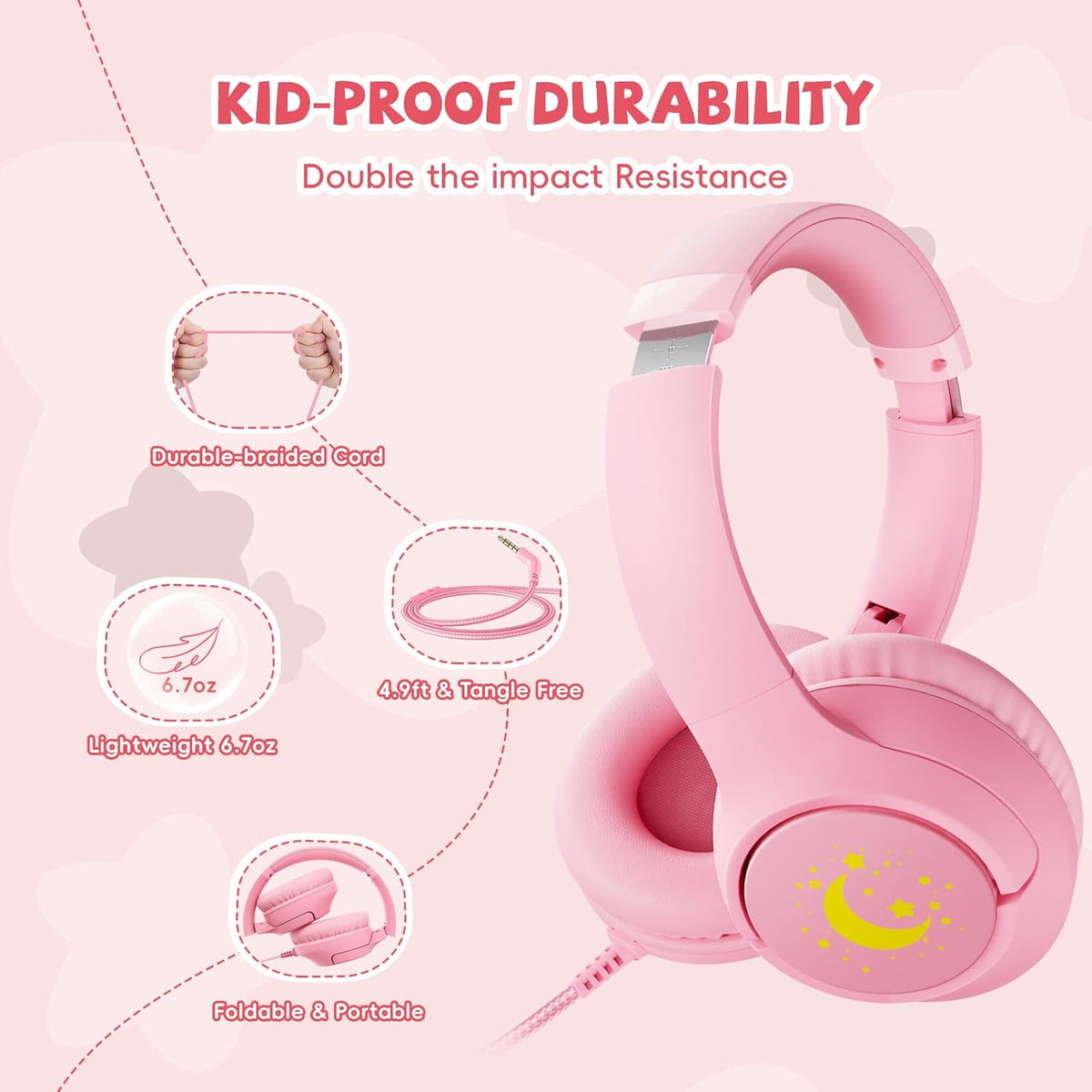 Kids Headphones with Microphone for School, 85/94 dB Volume Limit, Wired Over Ear Girls Headphones for Kids with Stereo Sound 3.5mm Wired Cord for Kindle Tablet Airplane Travel, Pink