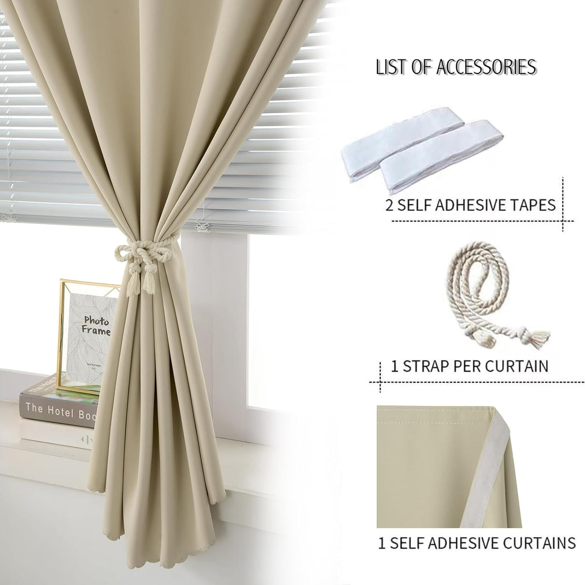 Self Adhesive Portable Blackout Curtains for Bedroom Easy to Install Window Thermal Lnsulated Kitchen Room Darkening Small Window Curtains, Cortinas Para Cuarto, 47"W X 71"L, Beige, 1 Panel